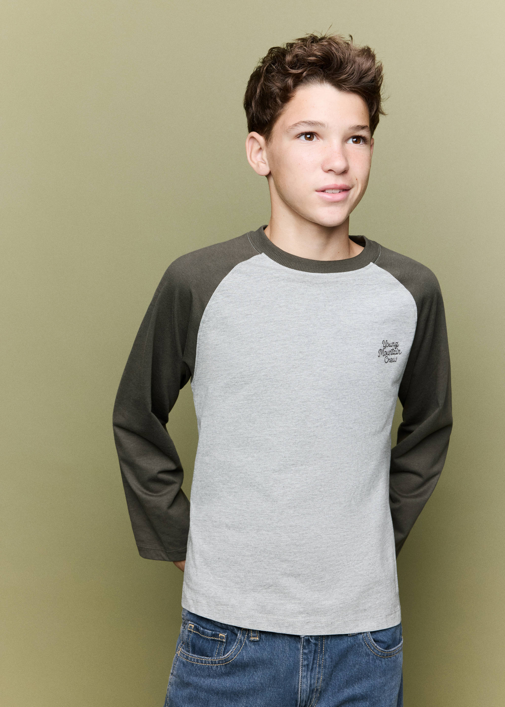 Grey marl long-sleeved raglan t-shirt with dark olive green sleeves and chest embroidery.