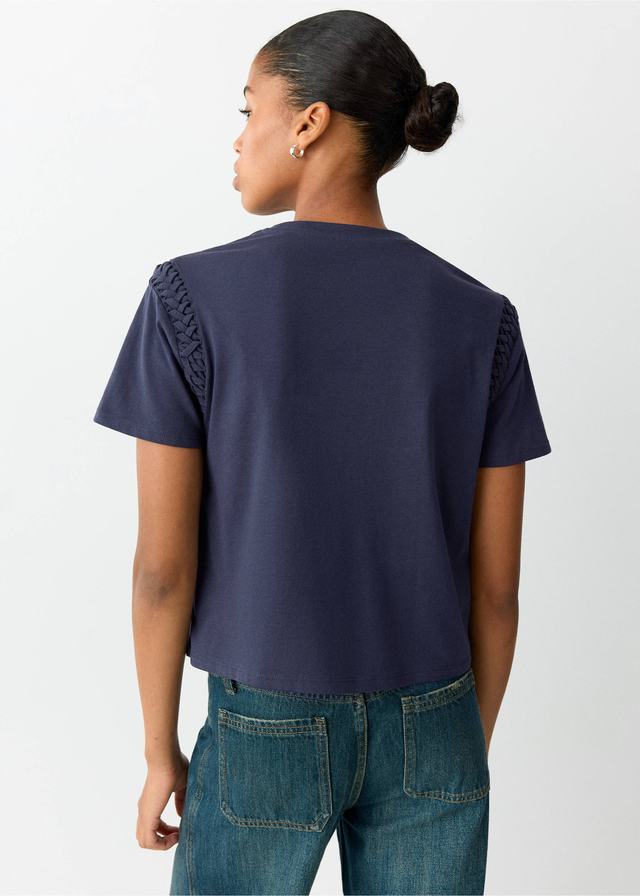Cotton T-shirt with braided detail - Reverse of the article, Navy. Ref: 37027139-00.