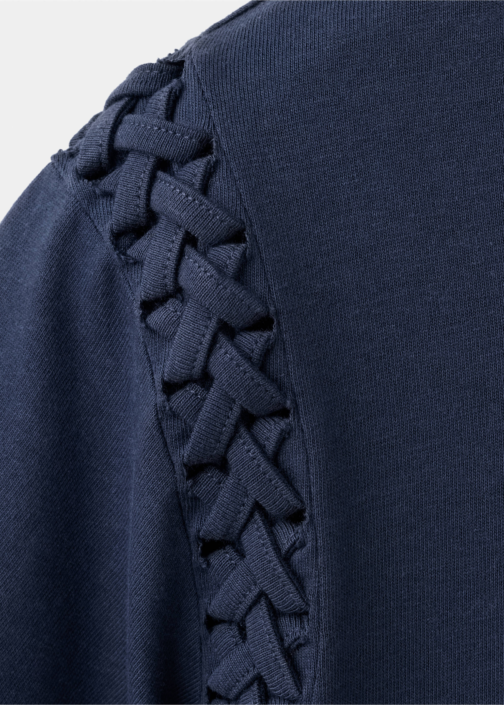Close-up of navy t-shirt featuring woven braided shoulder detail., Navy. Ref: 37027139-00.