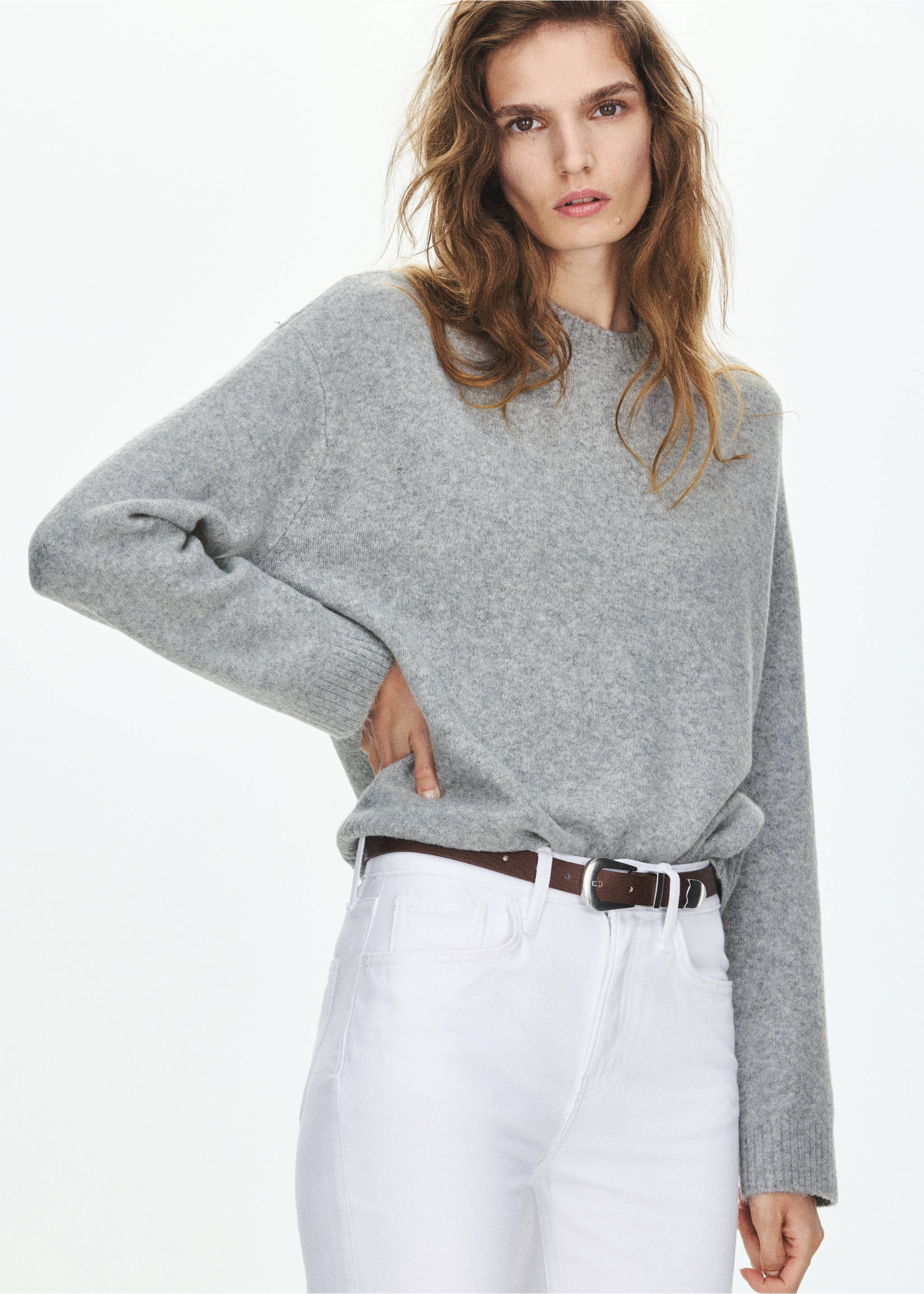 Grey knitted crew-neck sweater with long sleeves, Grey. Ref: 37027775-00.