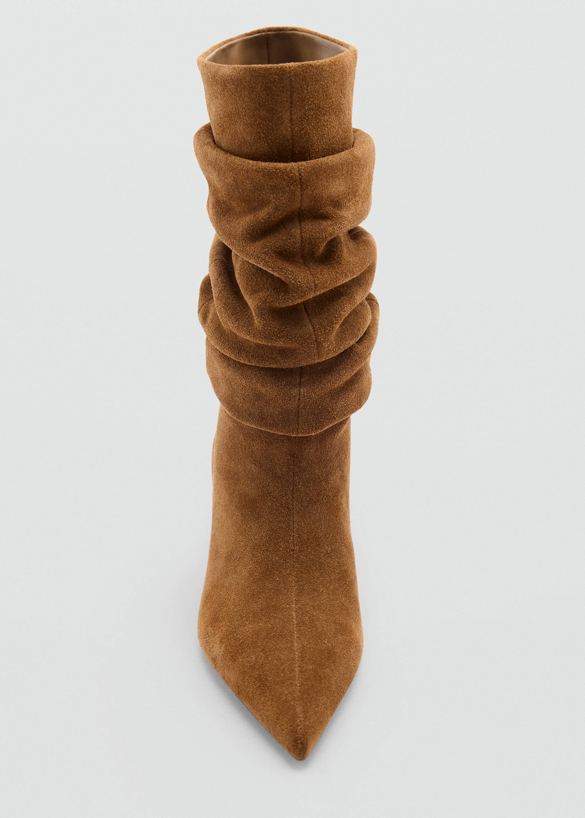 Brown suede ankle boot with a pointed toe and slouchy gathered shaft.