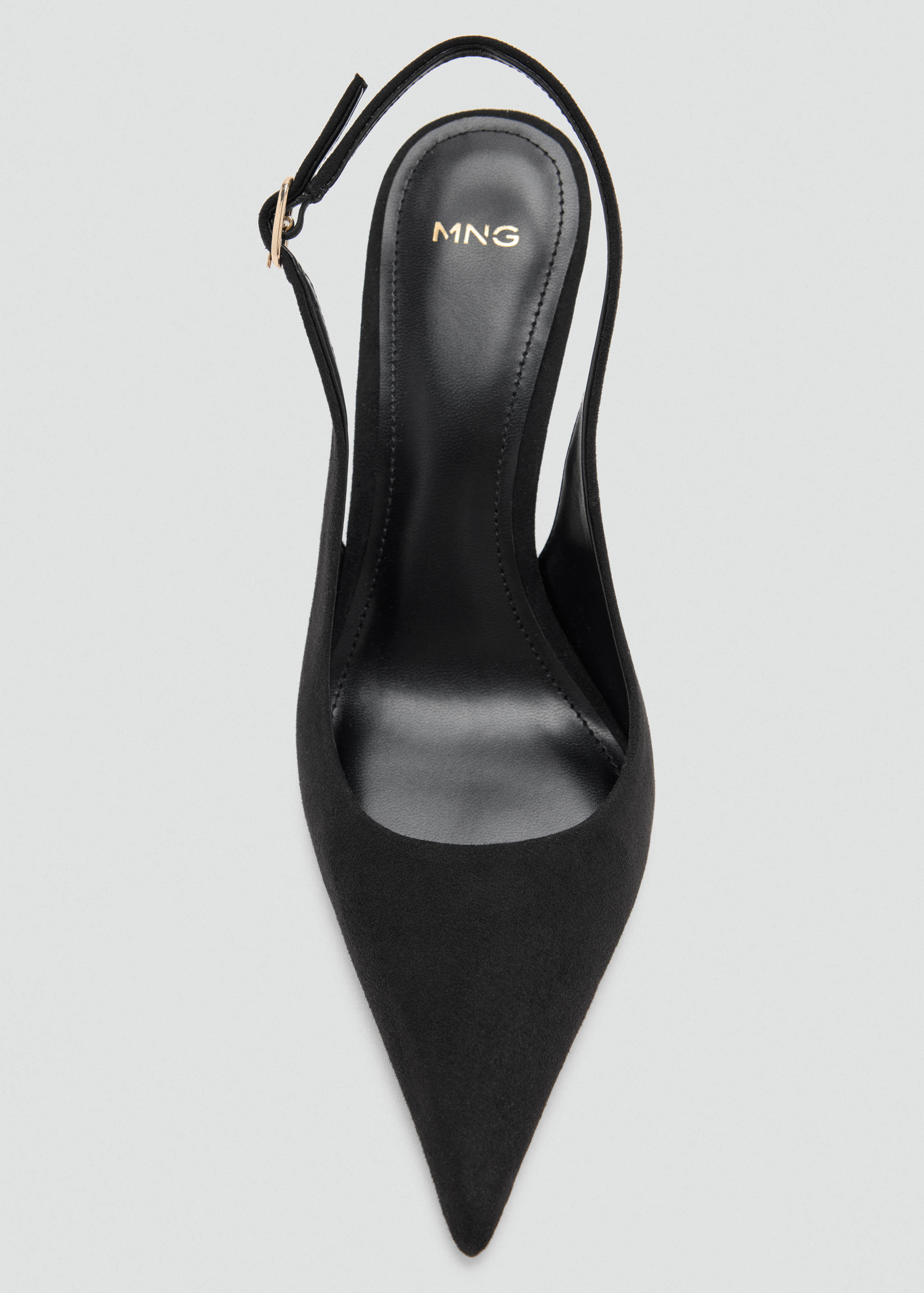 Black pointed-toe slingback shoe with a stiletto heel.