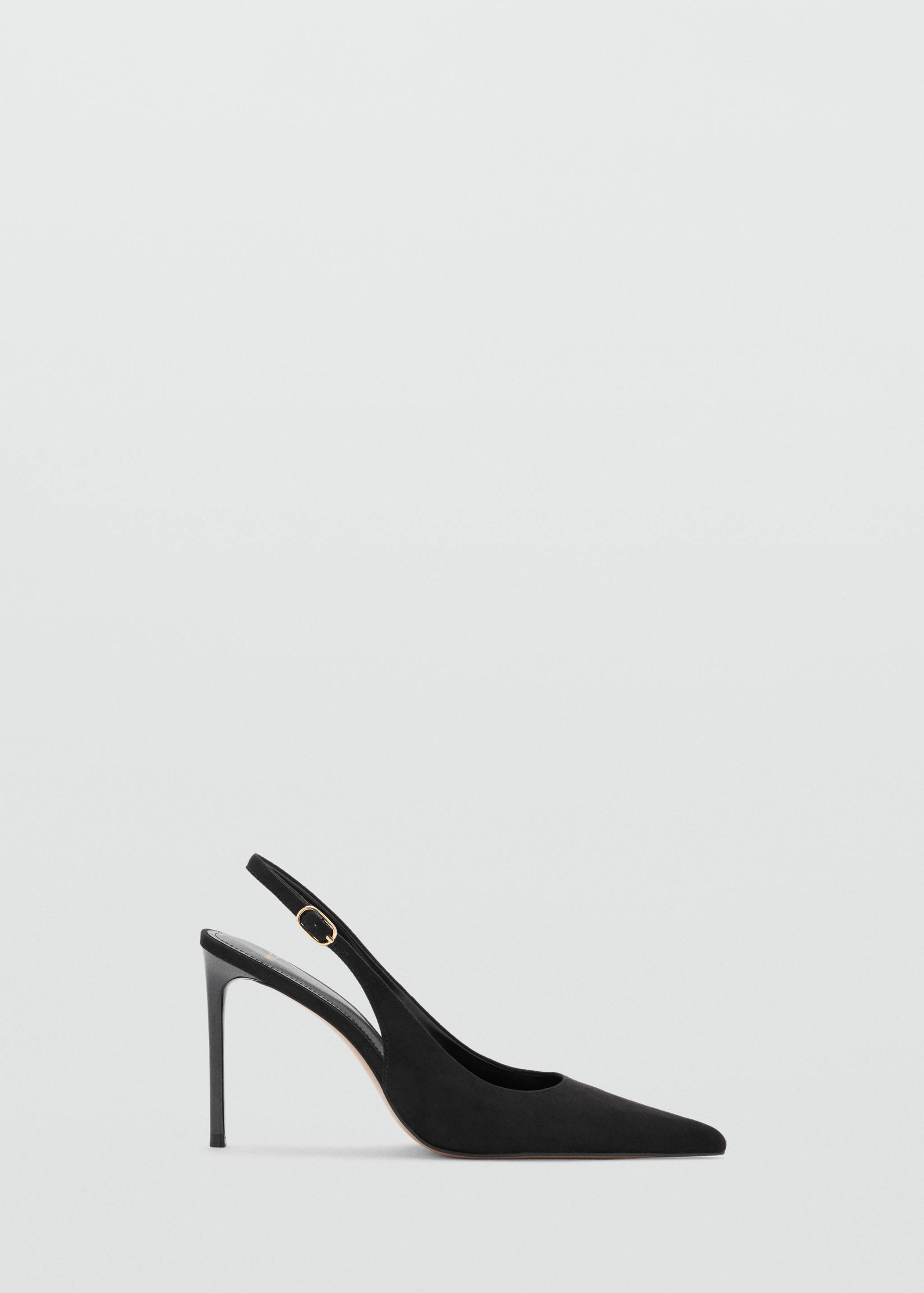 Black pointed-toe slingback shoe with a slim stiletto heel.