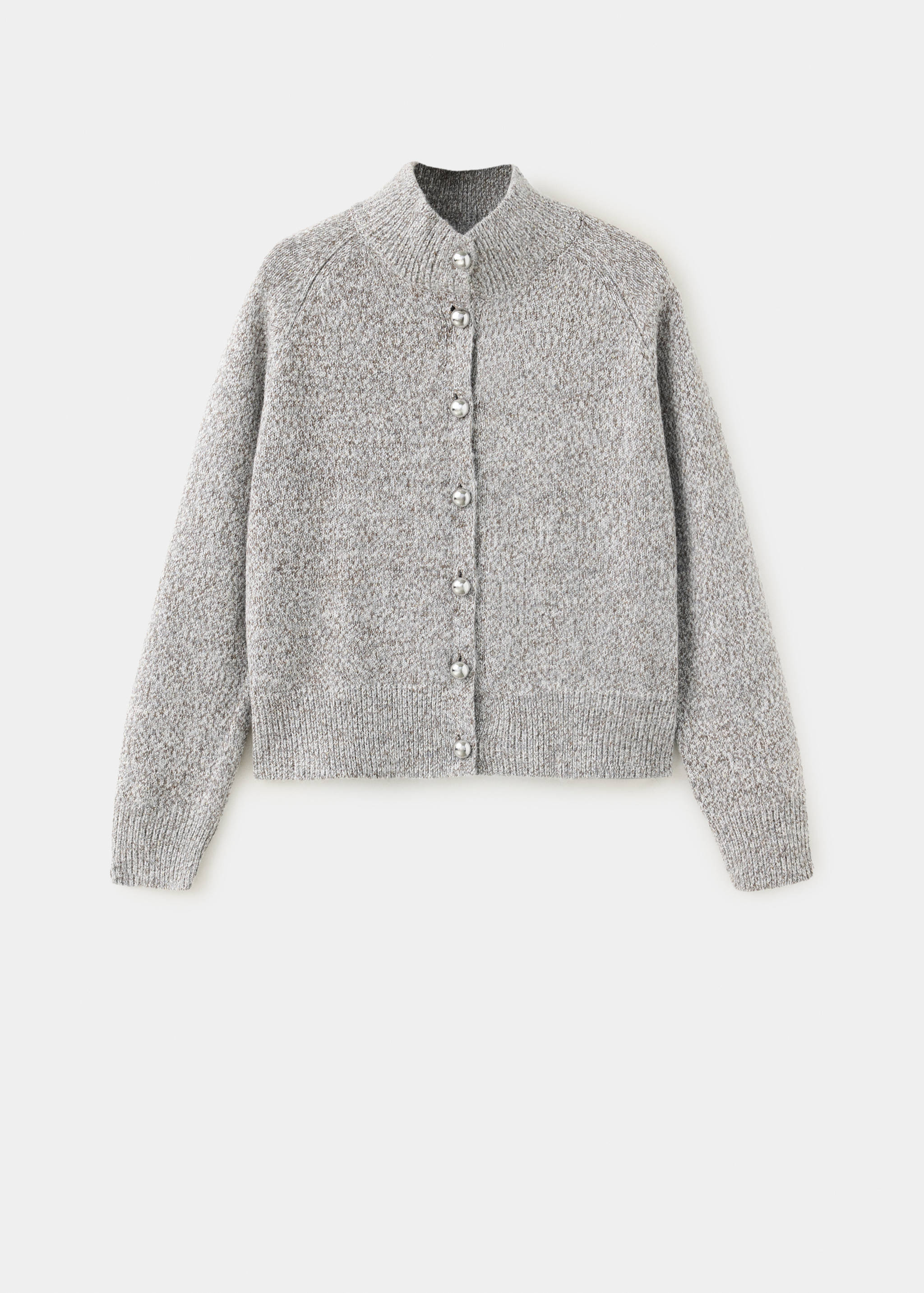 Grey speckled knit high-neck cardigan with silver-toned metallic buttons.