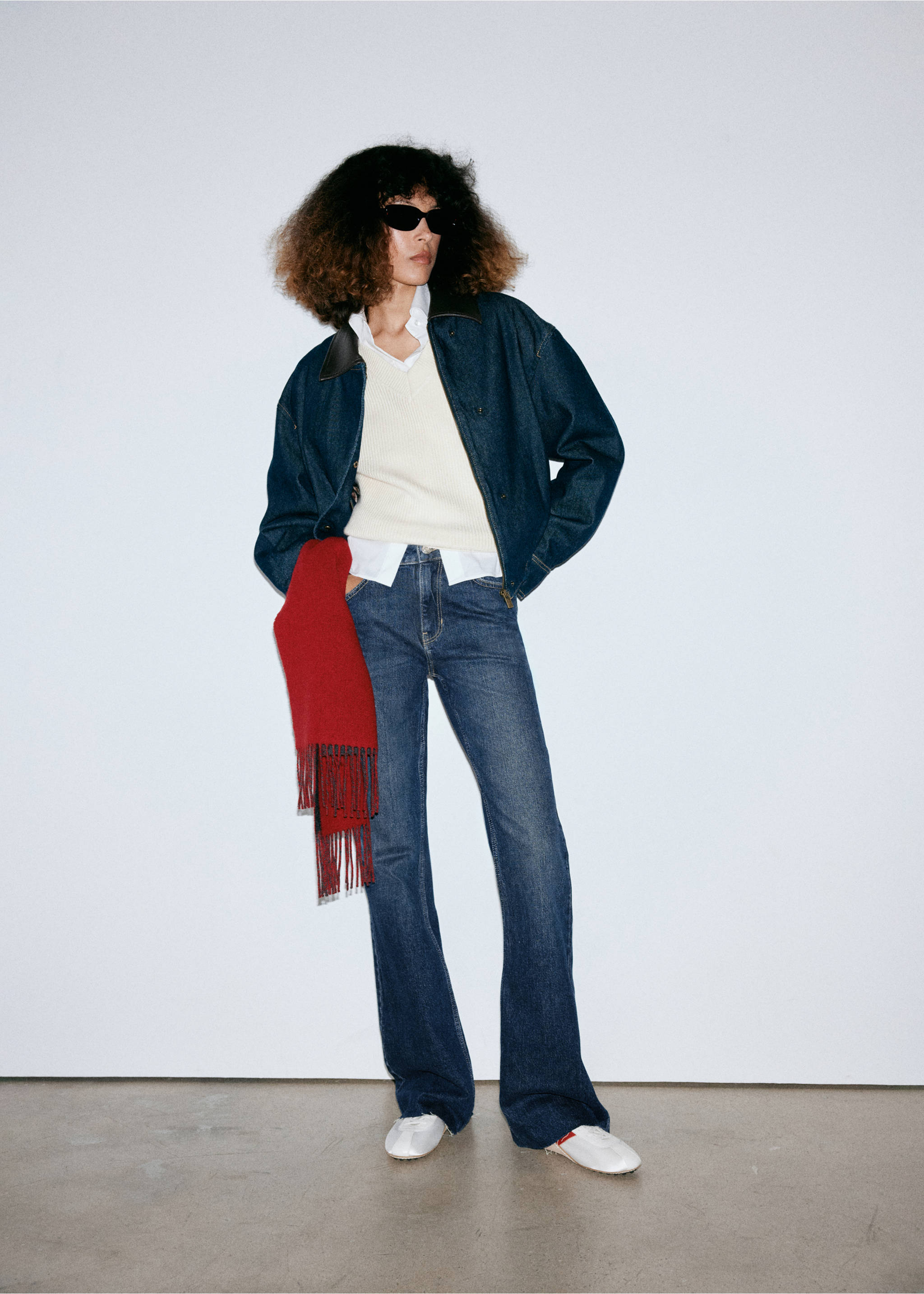 Dark blue denim trousers styled in a complete outfit with a denim jacket and sweater., Dark Blue. Ref: 37027793-01.