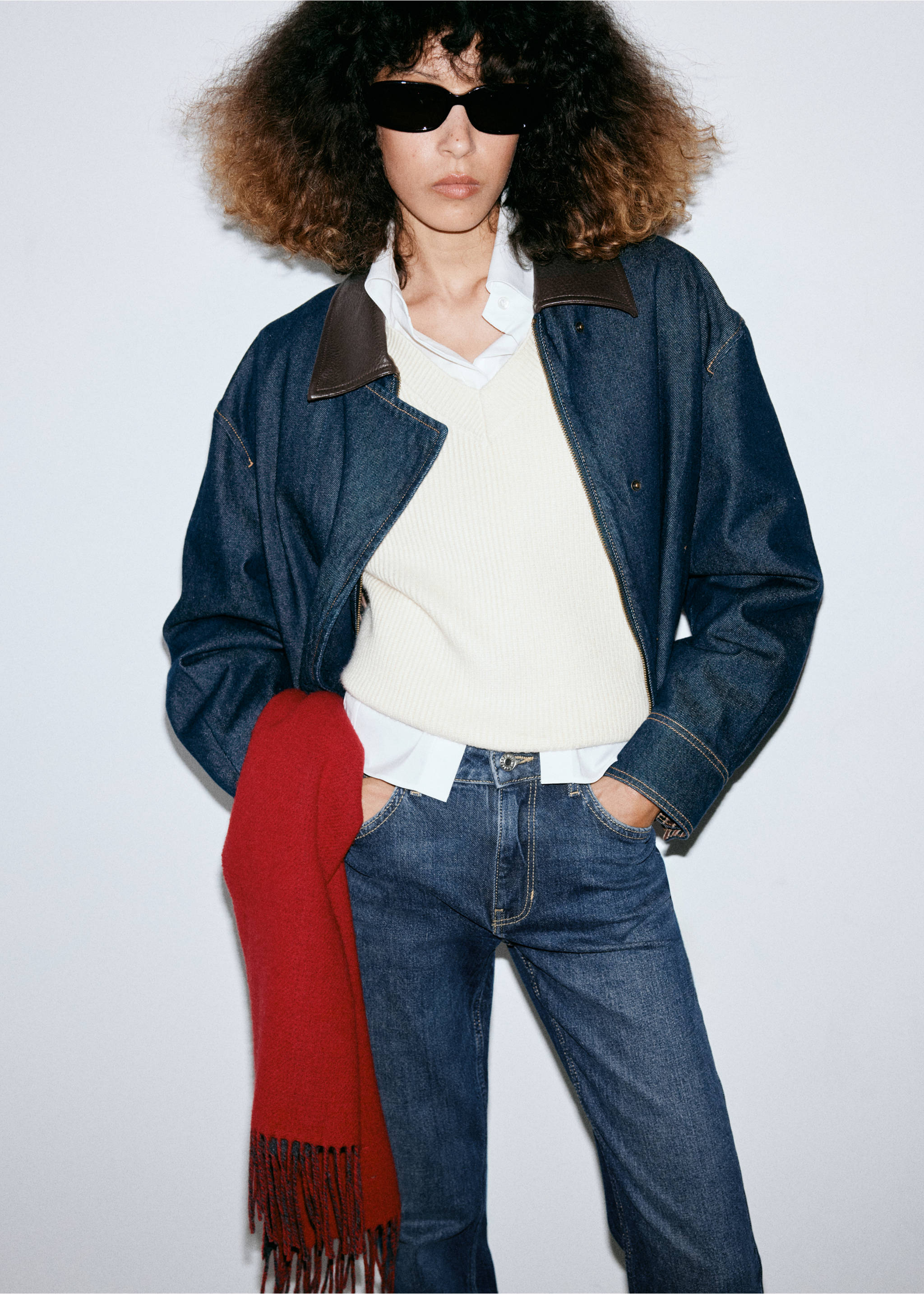 Dark blue denim jacket with contrast collar worn with denim trousers., Dark Blue. Ref: 37027793-01.