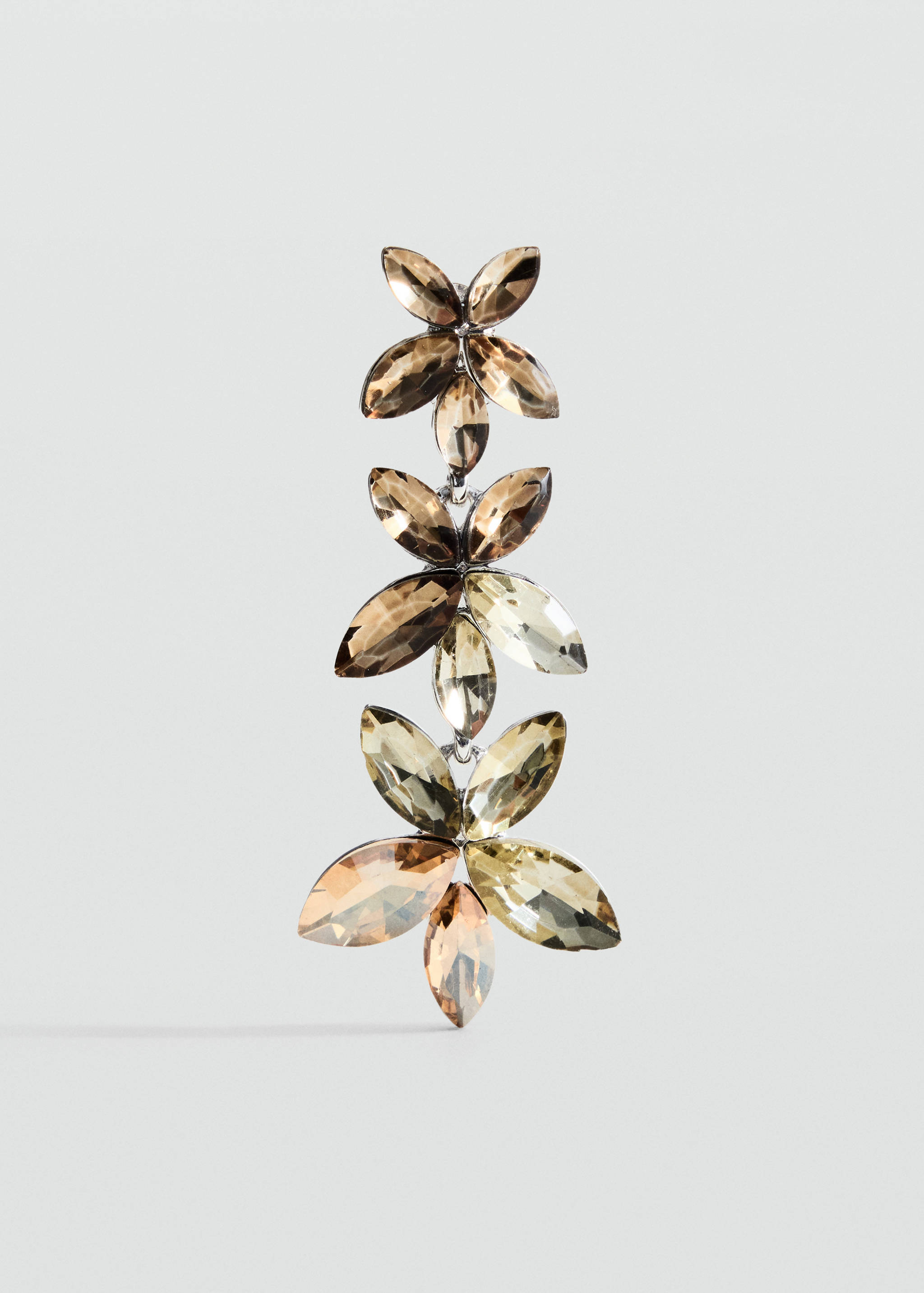 Dangling multi-tone crystal flower drop earring in bronze and gold.