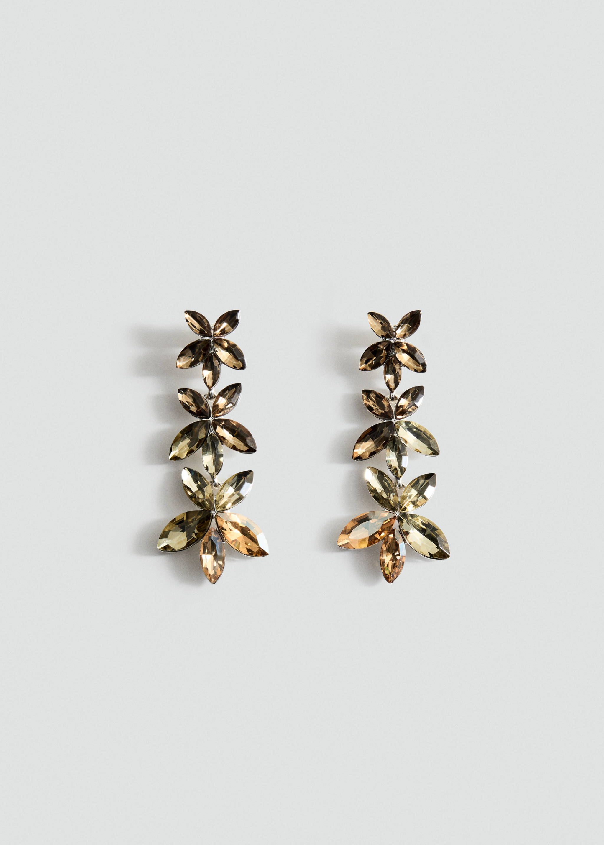 Drop earrings featuring multi-toned amber and gold faceted crystal stones in a floral cluster design.