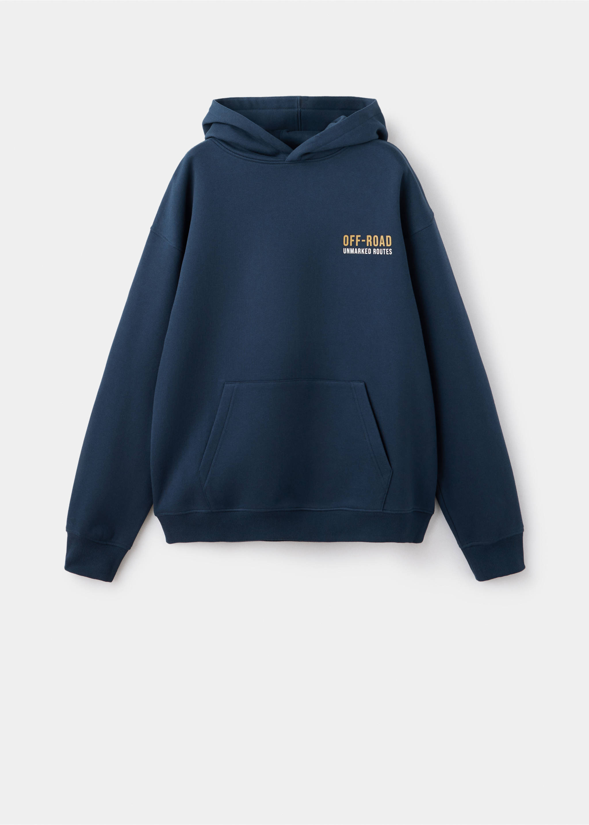 Navy blue hooded sweatshirt with a front kangaroo pocket and an Off-Road chest print., Navy. Ref: 37027804-00.