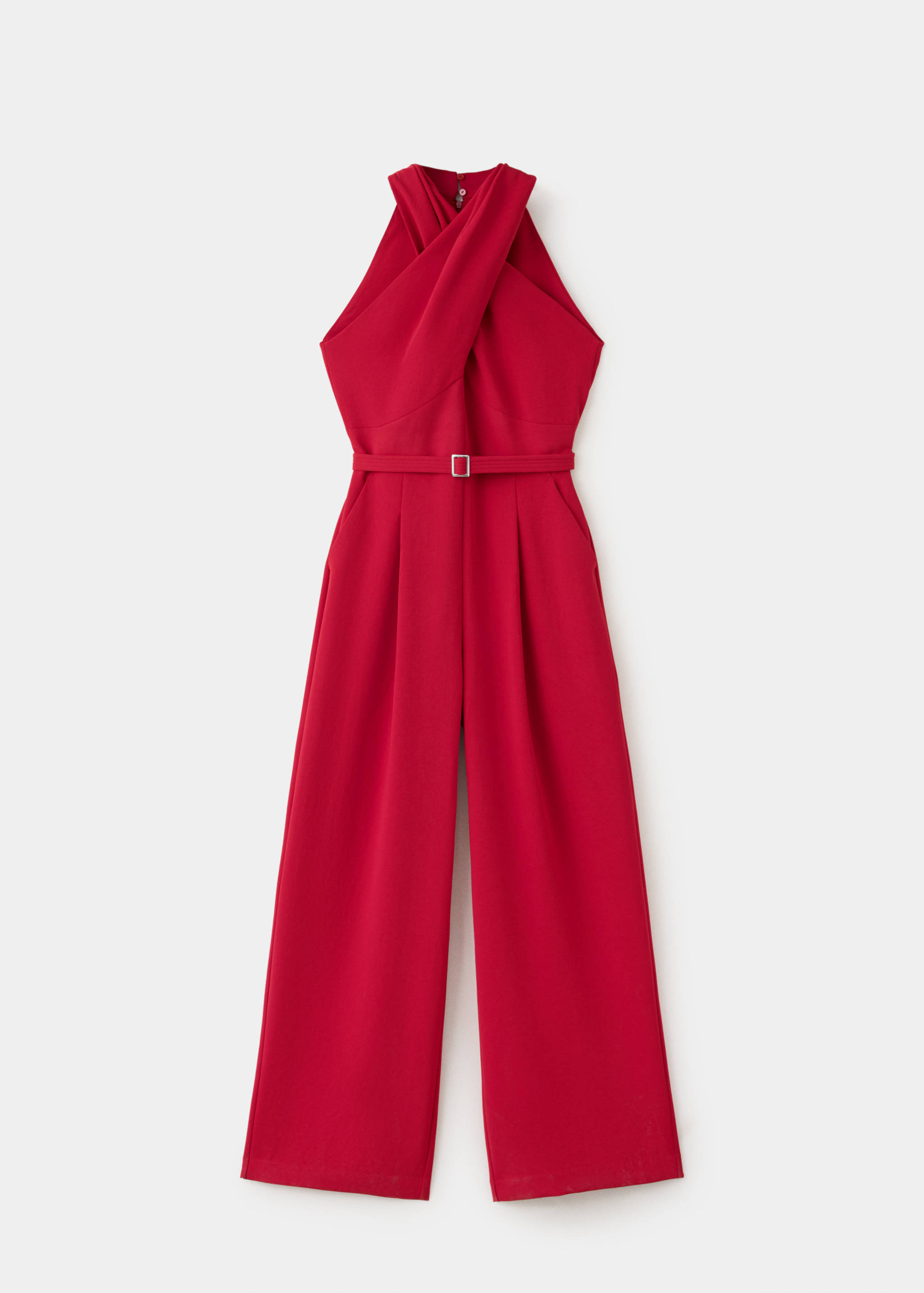 Red halterneck jumpsuit with a crossover bust and matching belt.