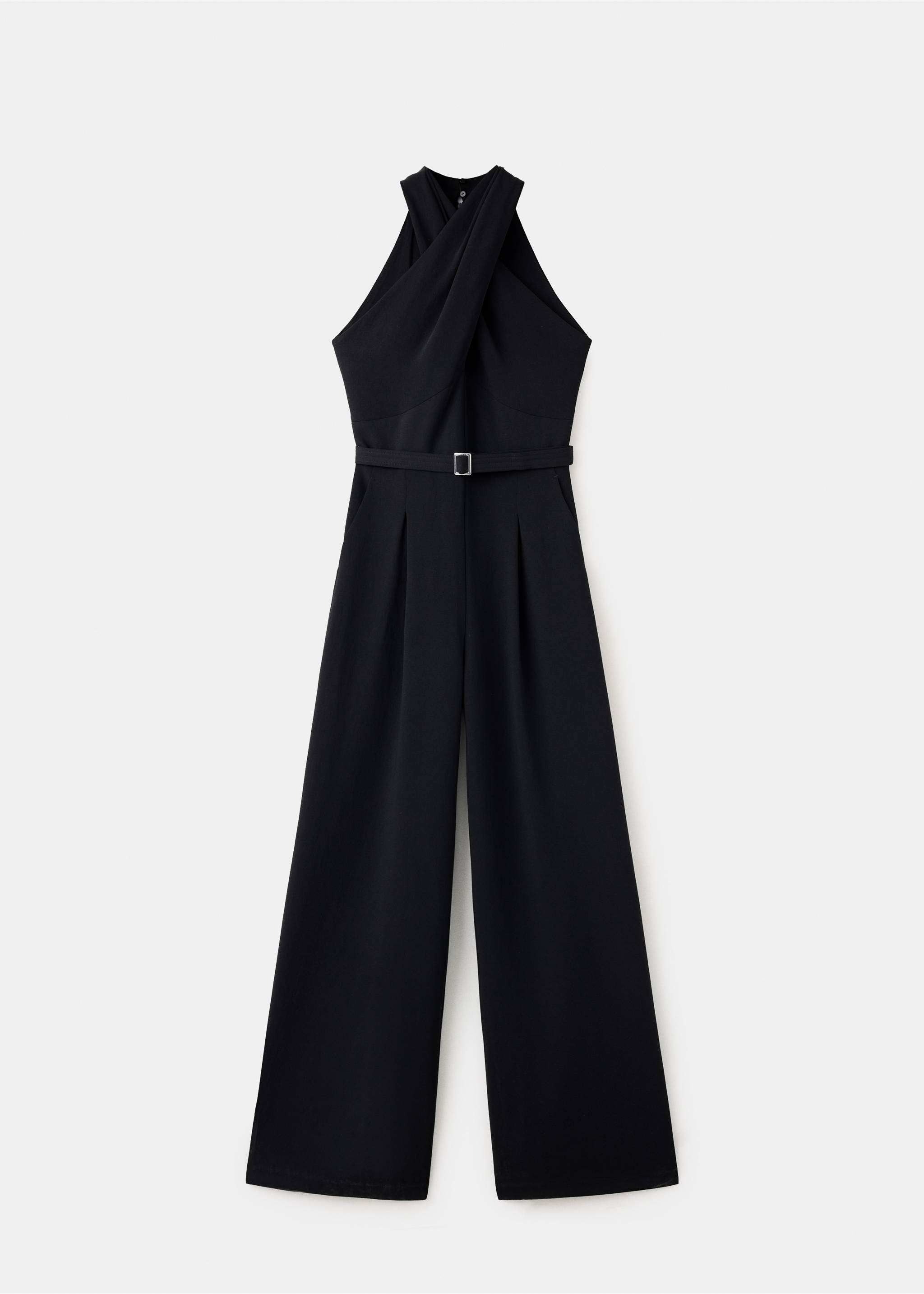 Black halterneck jumpsuit with a crossover neckline and a matching belted waist., Black. Ref: 37027808-00.