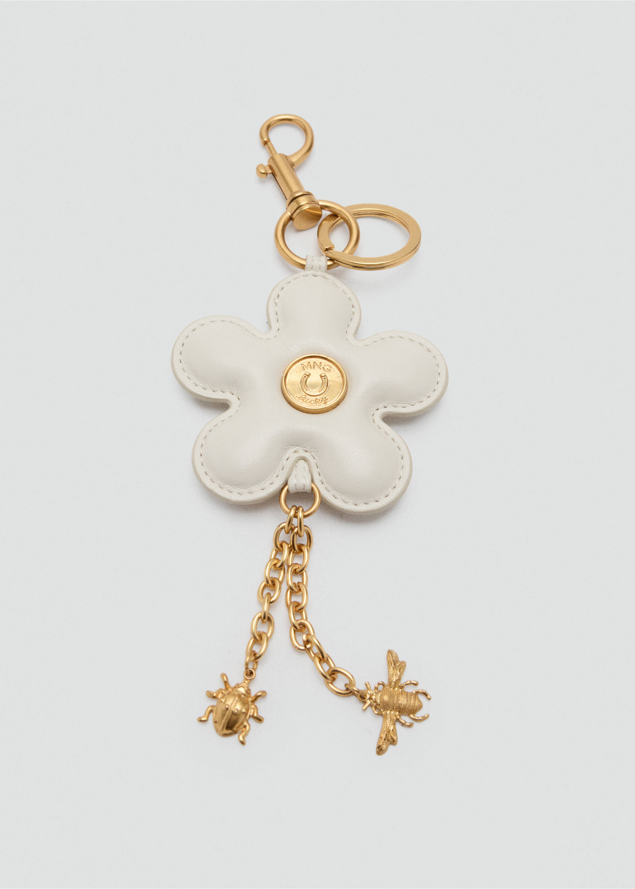 White padded flower keychain with gold-tone hardware and dangling insect charms., Off White. Ref: 37027809-00.