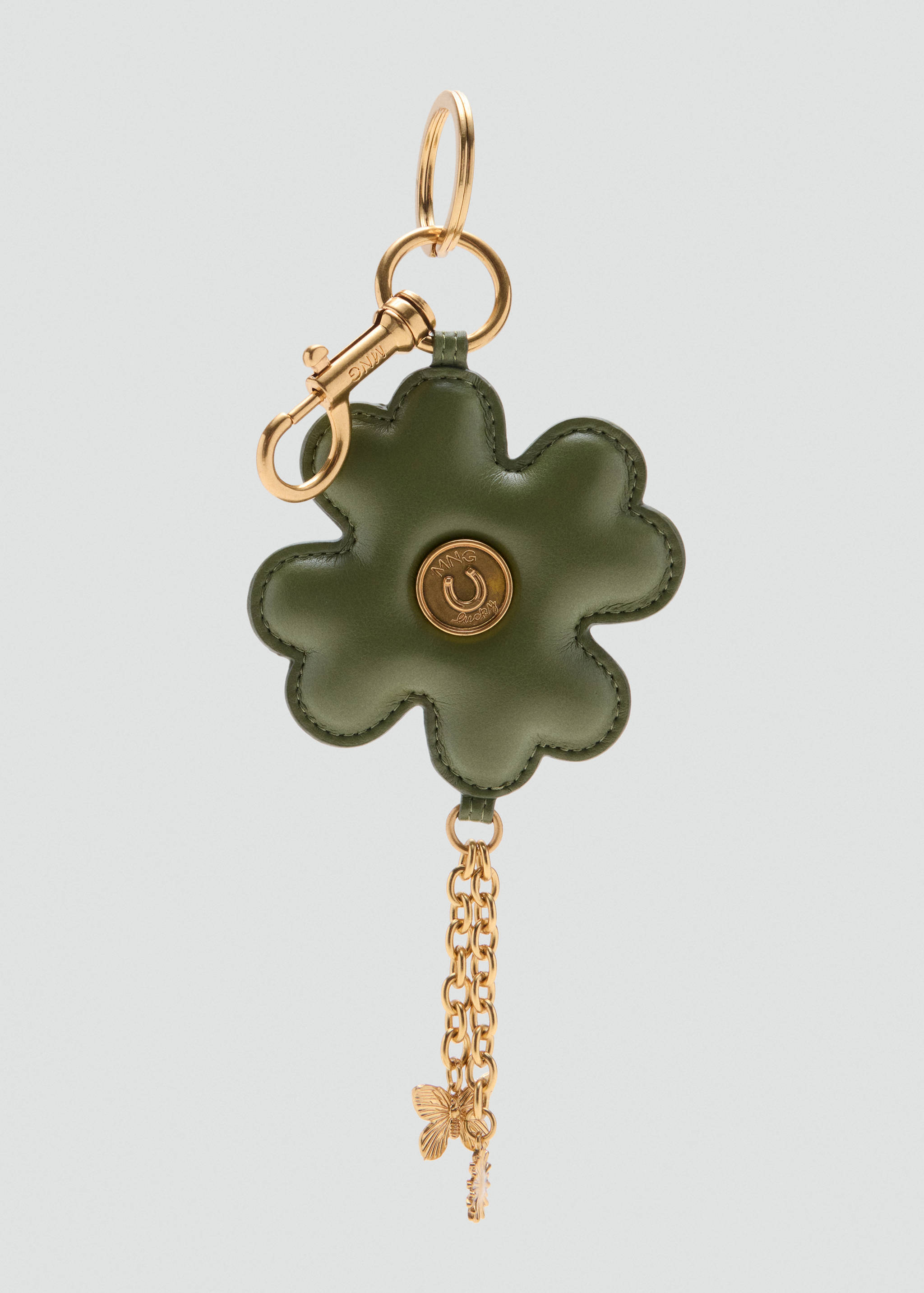Dark khaki green leather flower key ring with gold-tone hardware and chain detail.