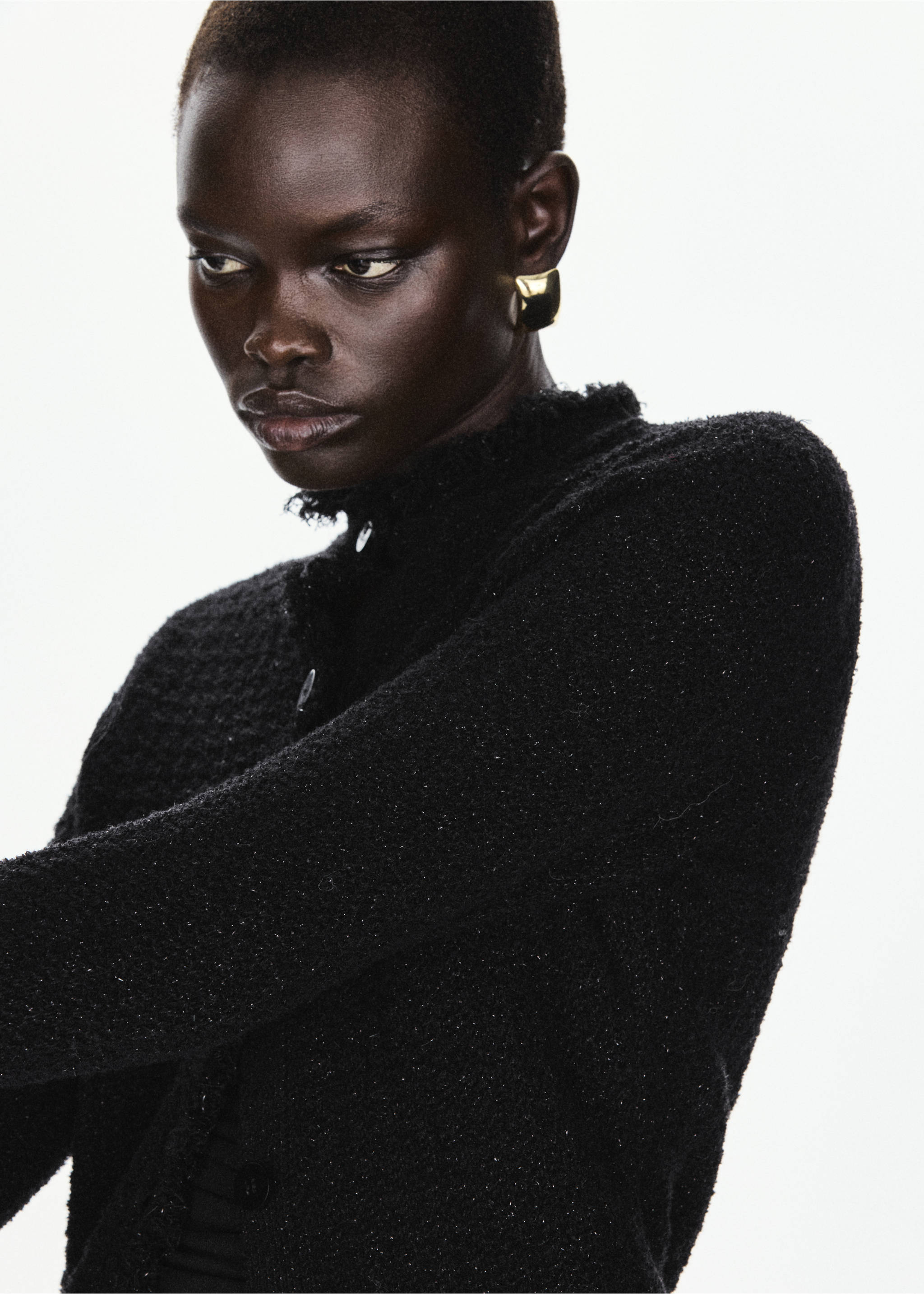 Knitted jacket with lurex details - Details of the article 1, Black. Ref: 37027810-00.