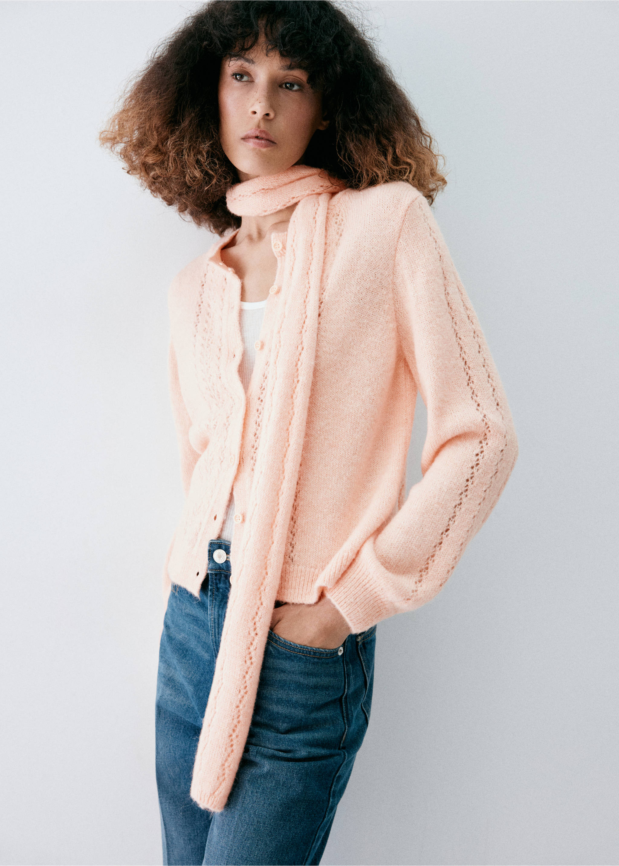Pale peach cardigan featuring a matching scarf and open-work knit detail., Pink. Ref: 37027812-00.
