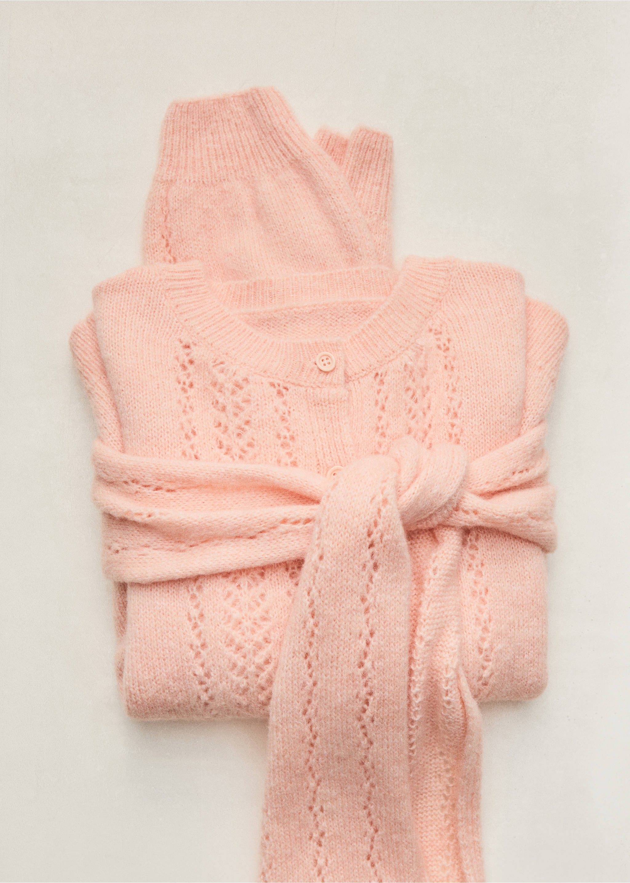 Pale pink knitted cardigan with pointelle pattern and tied sleeves., Pink. Ref: 37027812-00.