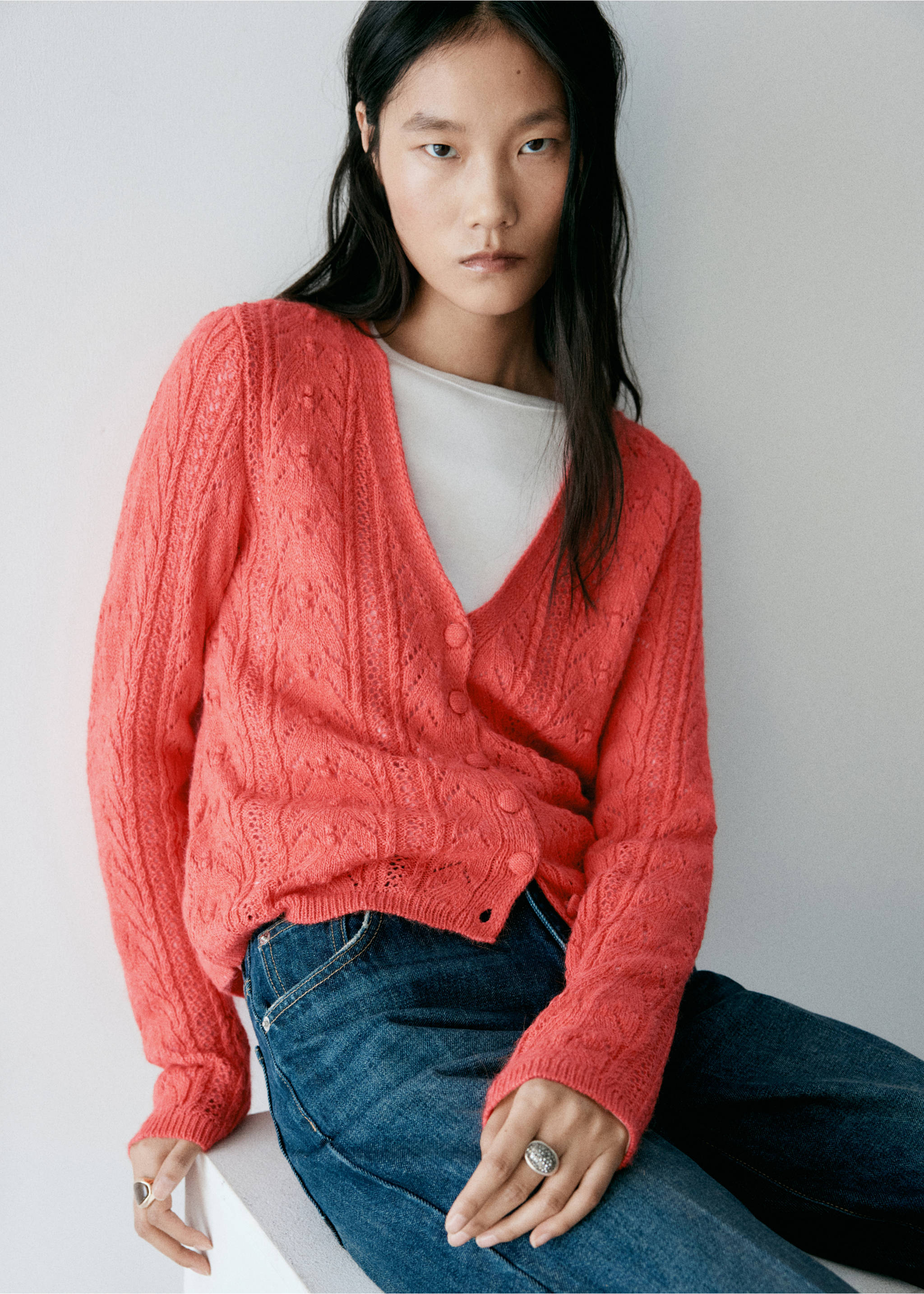 Cardigan de malha rendada - Plano médio, Vermelho-coral. Ref: 37027813-00.