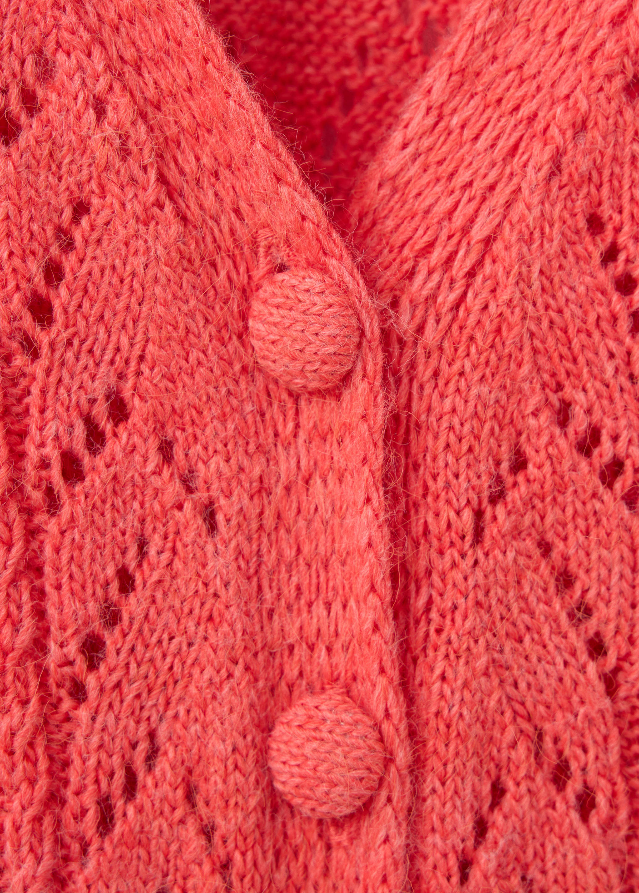 Close-up of a coral pink pointelle knit cardigan with fabric-covered buttons.
