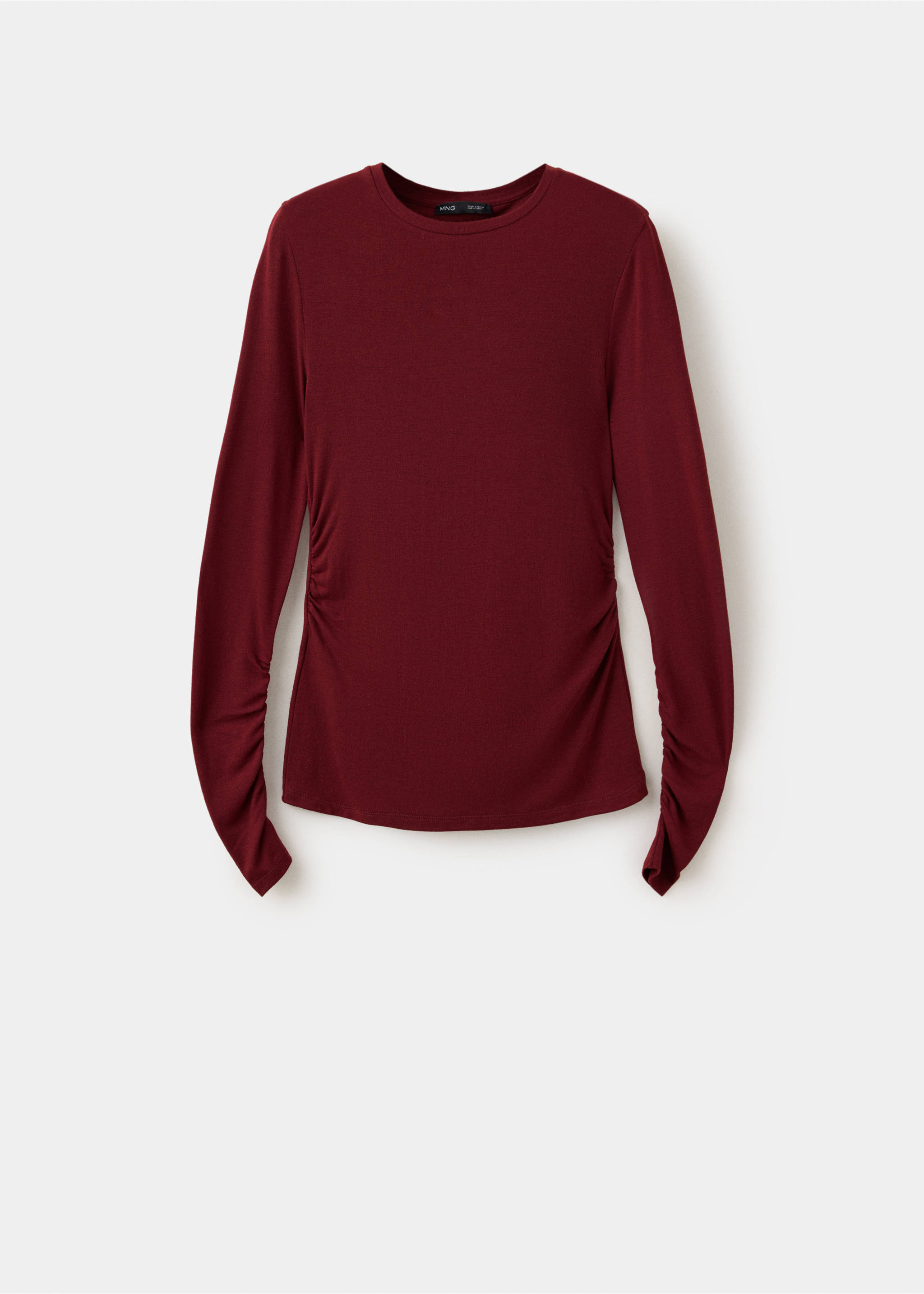 Dark red long-sleeved t-shirt with crew neck and ruched sides, Burgundy. Ref: 37027815-00.