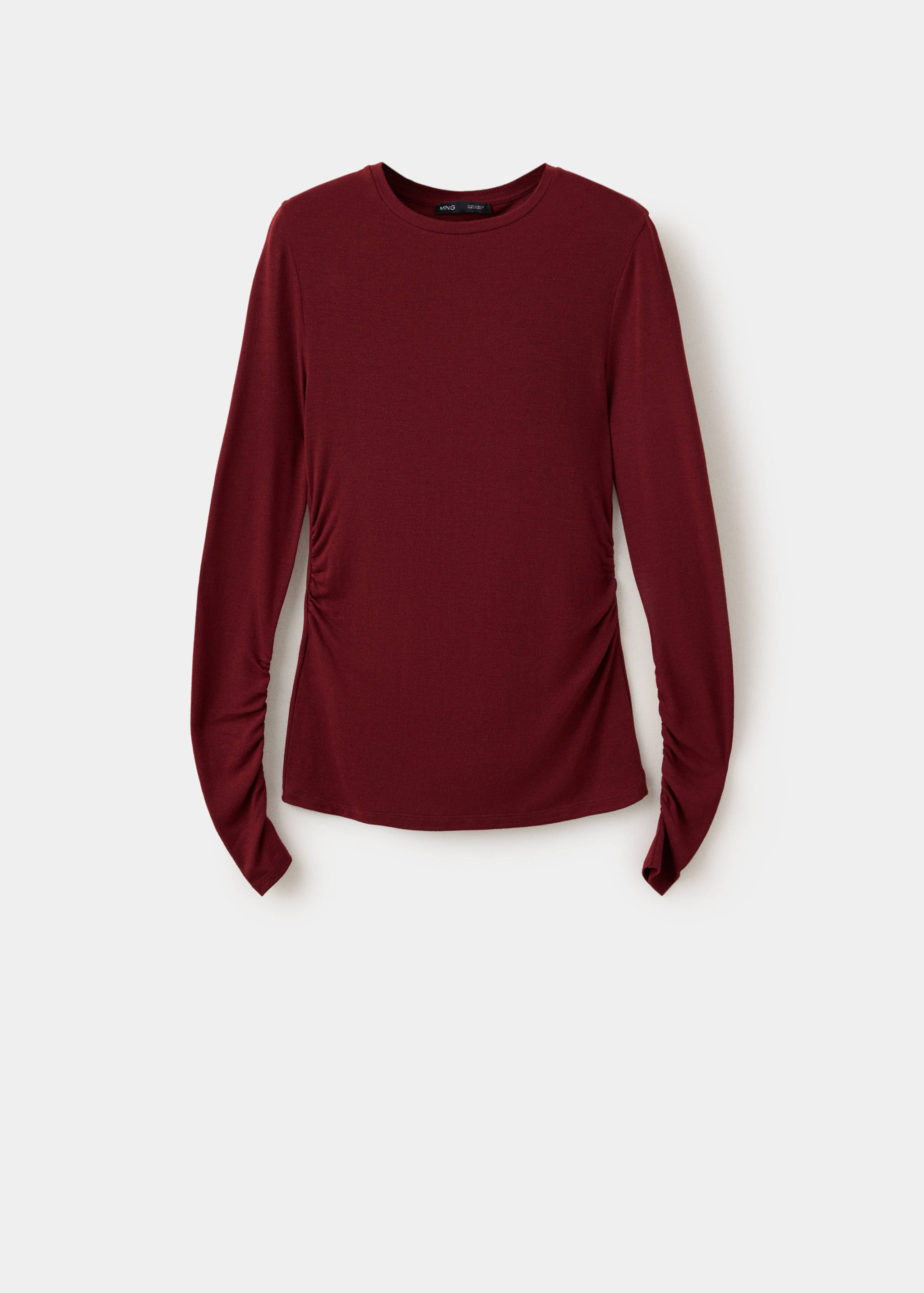 Dark red long-sleeved t-shirt with crew neck and ruched sides