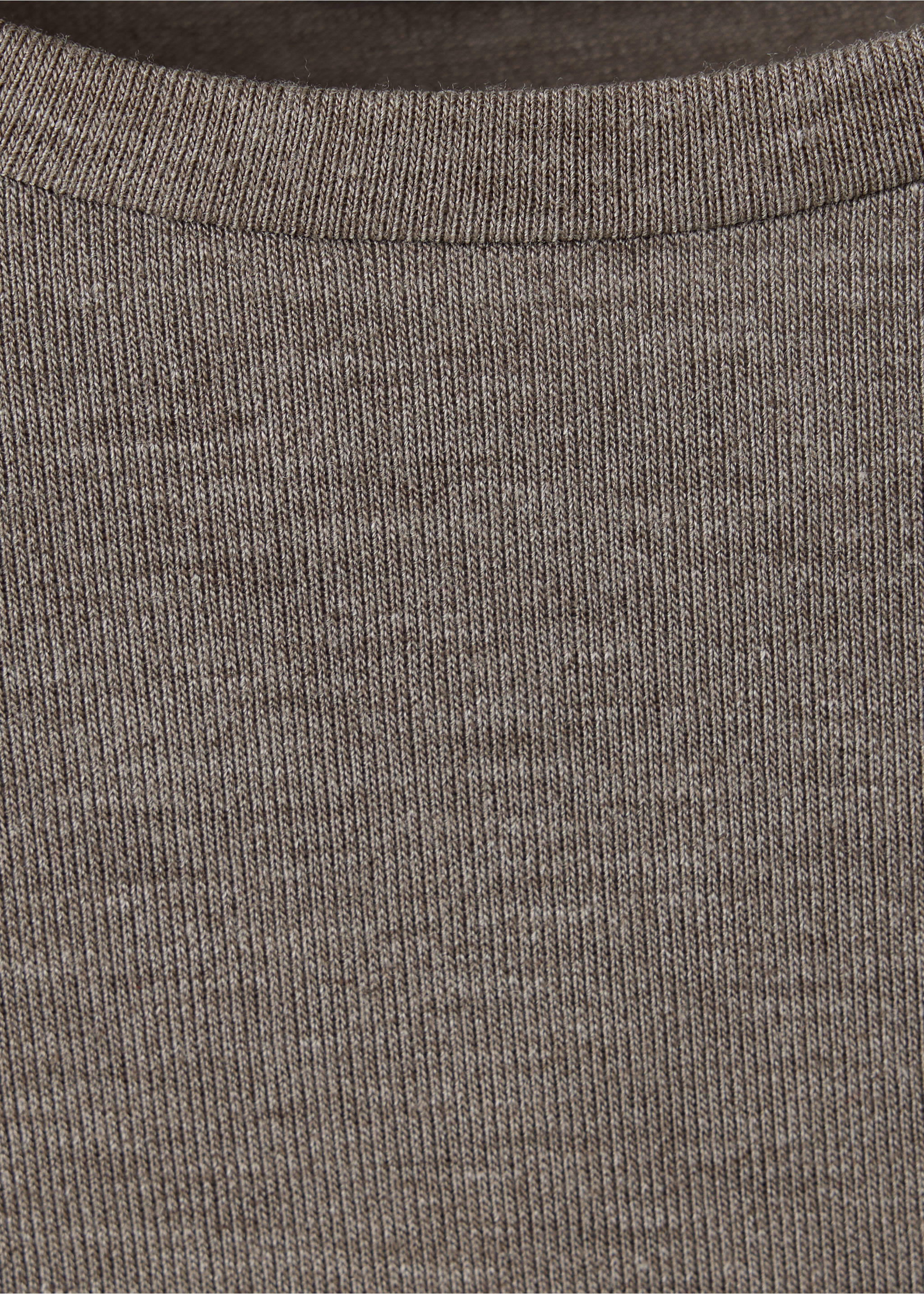 Close-up of a brown t-shirt showing the ribbed knit fabric and neckline., Light/Pastel Brown. Ref: 37027815-00.