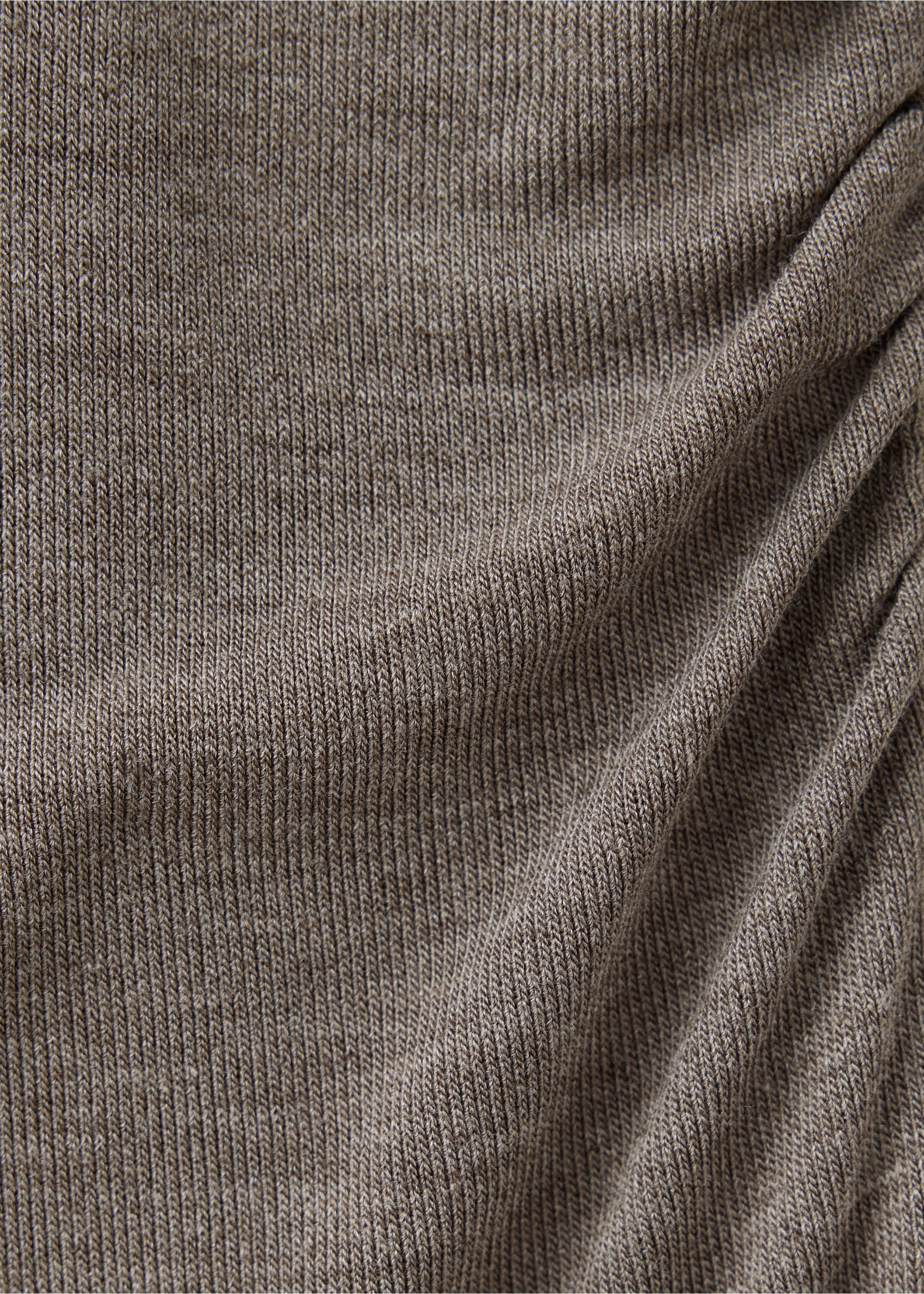 Close-up of brown ribbed knit fabric texture with side ruching., Light/Pastel Brown. Ref: 37027815-00.