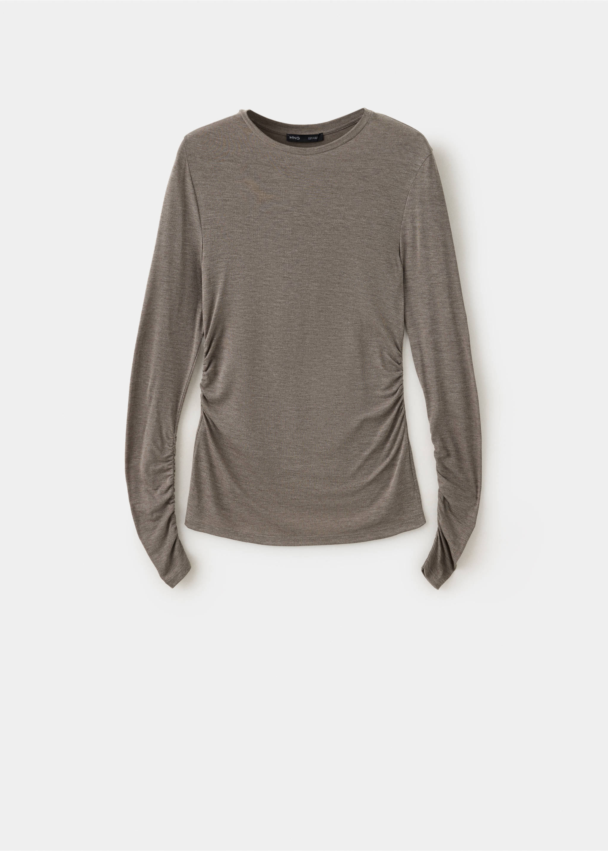 Taupe long-sleeve t-shirt with a round neck and ruched side and sleeve details., Light/Pastel Brown. Ref: 37027815-00.