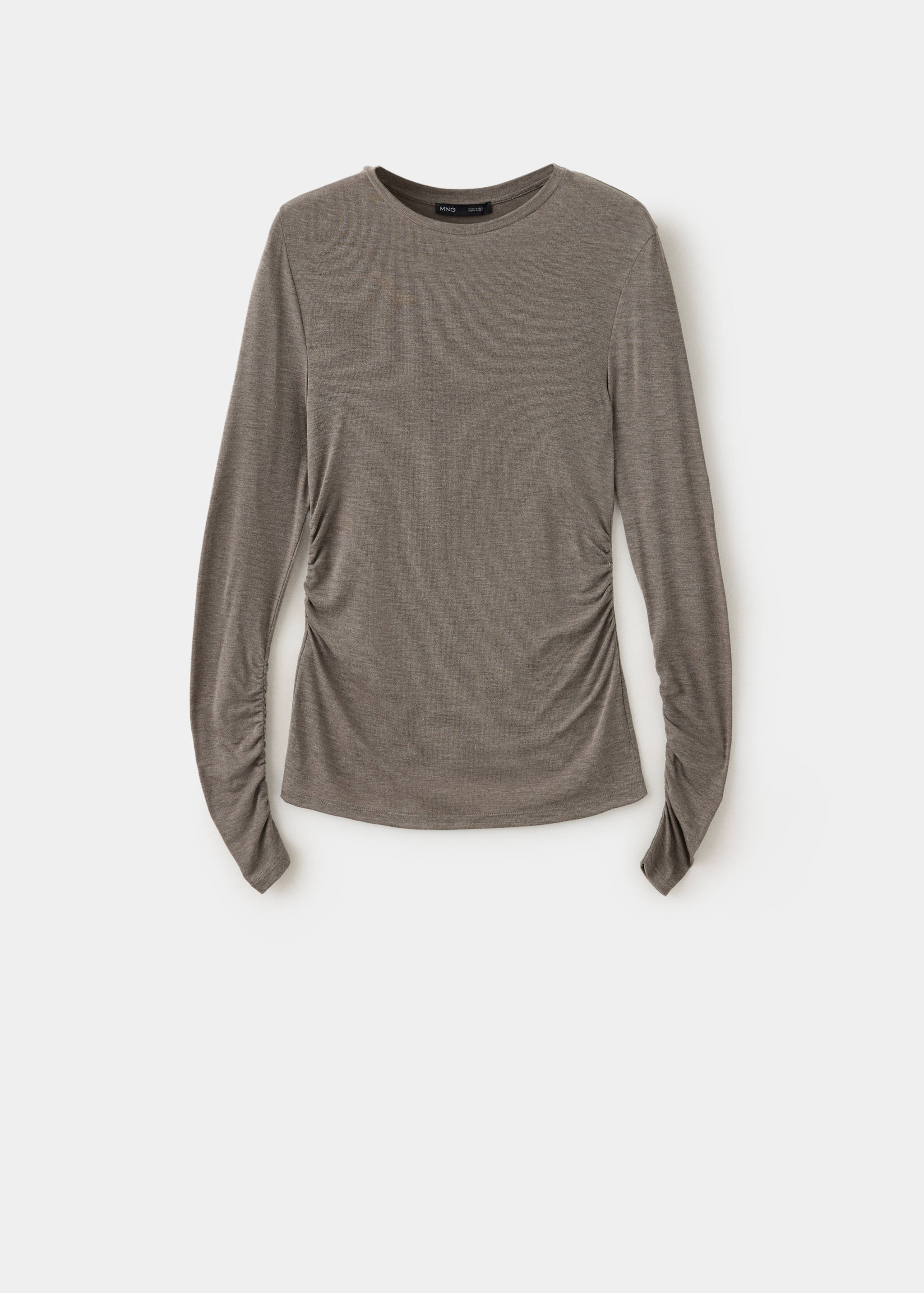 Taupe long-sleeve t-shirt with a round neck and ruched side and sleeve details.