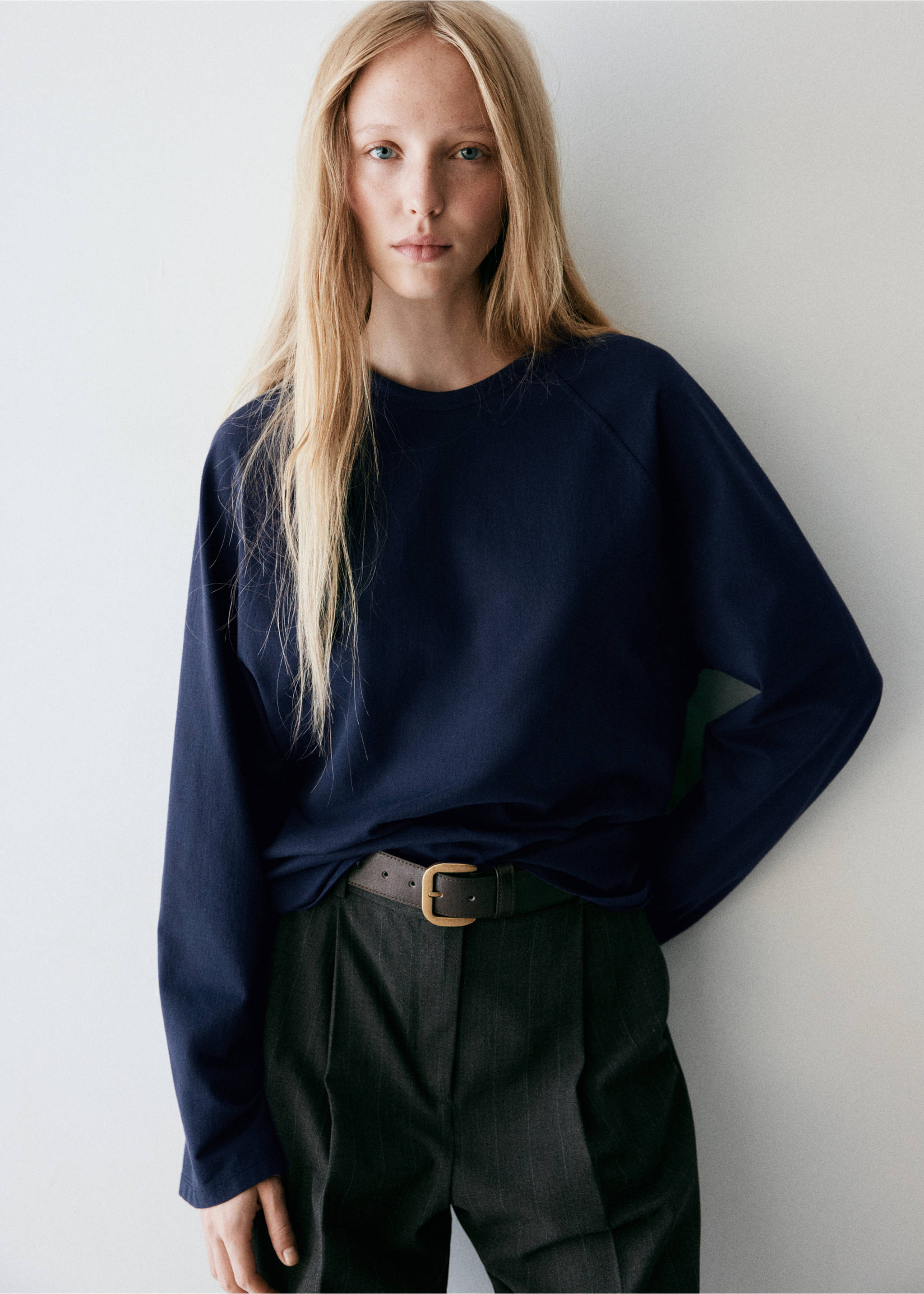 100% cotton wide-sleeved T-shirt - Details of the article 1, Dark Navy. Ref: 37027816-00.