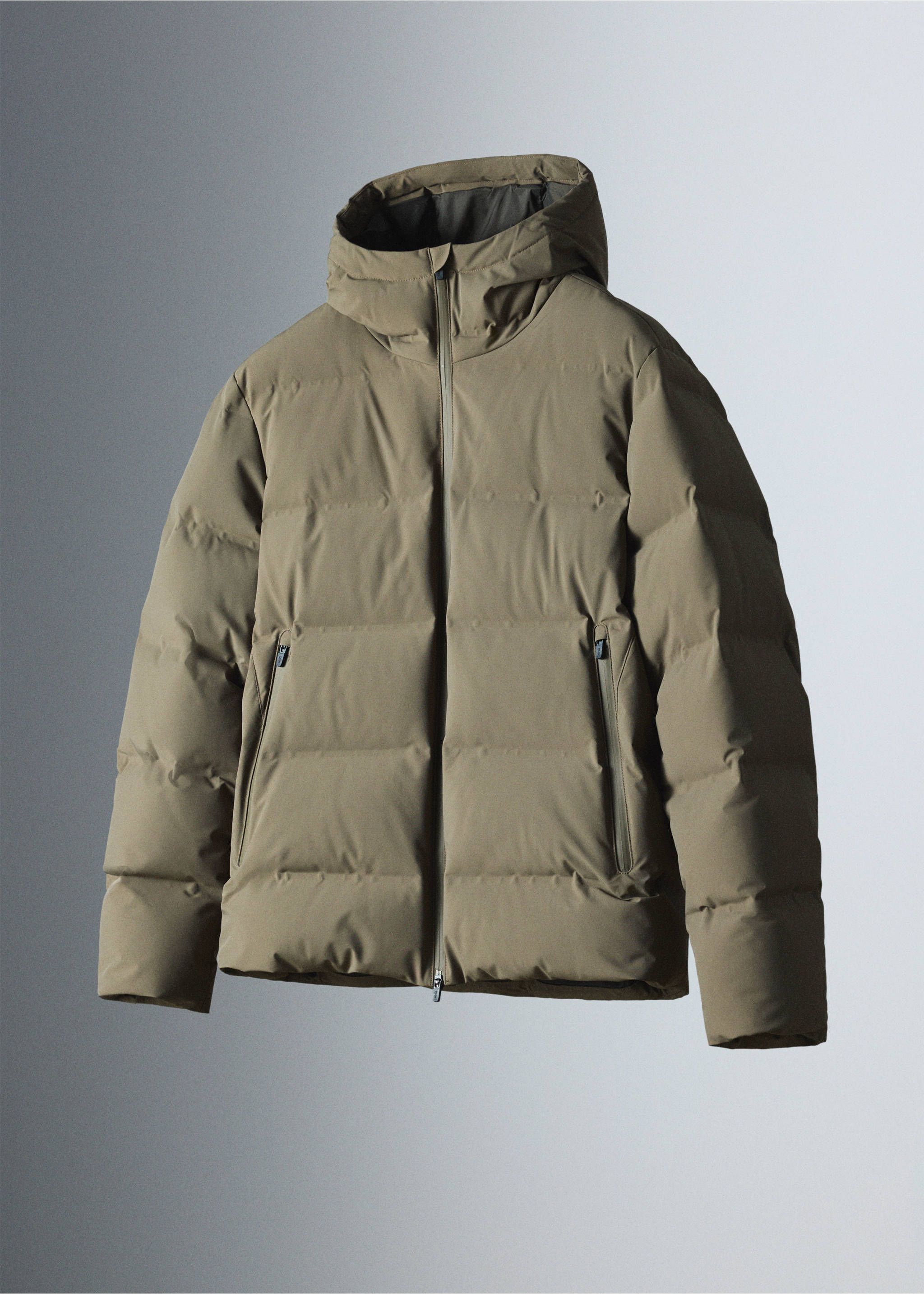 Khaki green padded anorak with a hood and zip pockets., Medium Brown. Ref: 37027885-00.