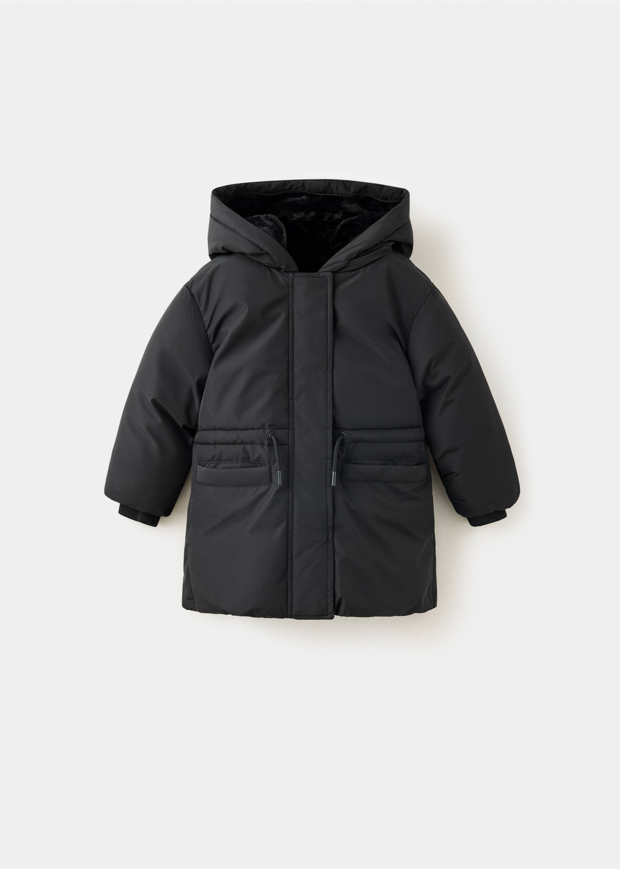 Large anorak with fur-effect hood - Details of the article 8, Black. Ref: 37027886-00.