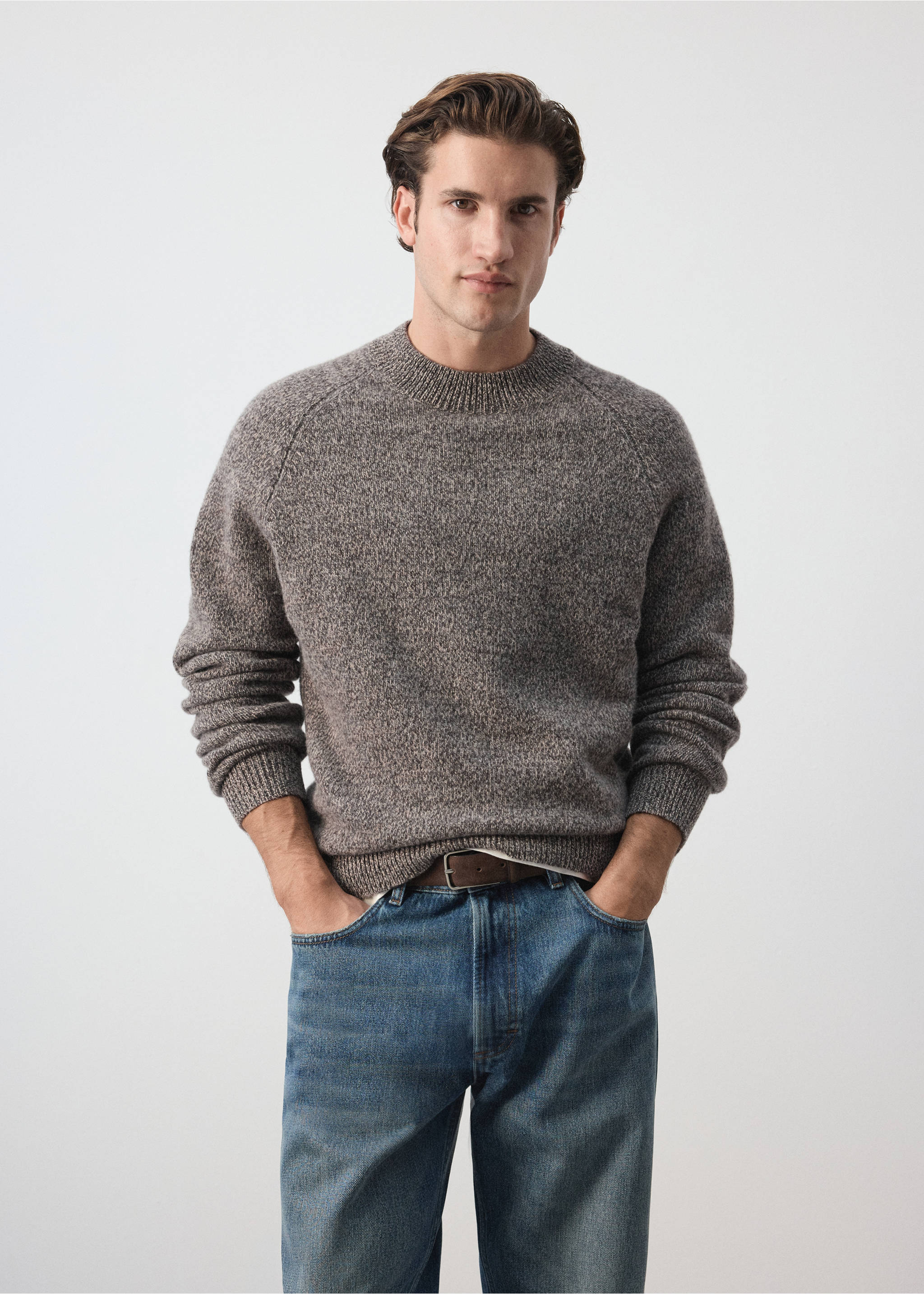 100% Italian wool knit jumper - Medium plane, Tobacco Brown. Ref: 37027887-00.