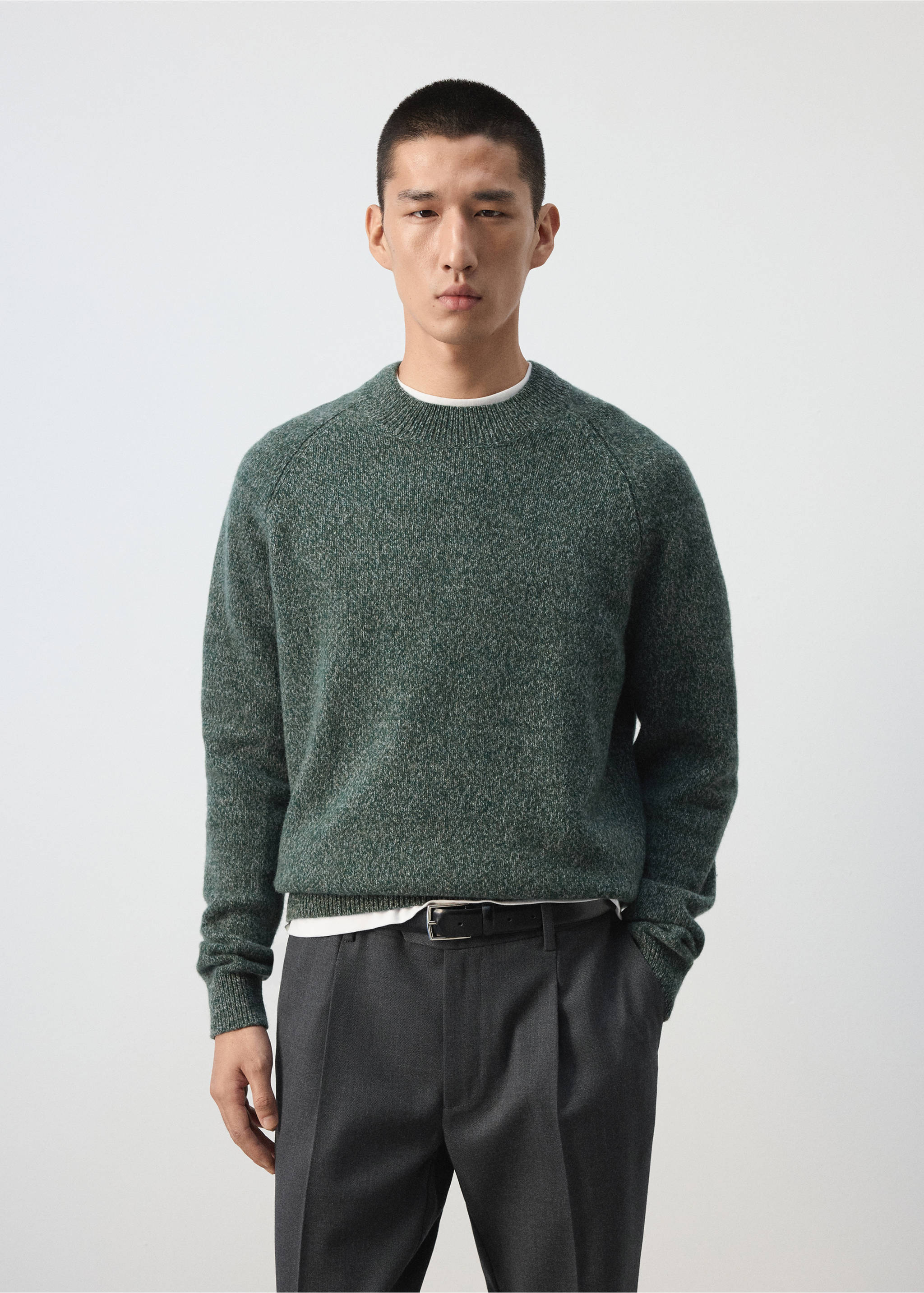 Dark green melange knit sweater with a ribbed crew neckline., Dark Green. Ref: 37027887-00.