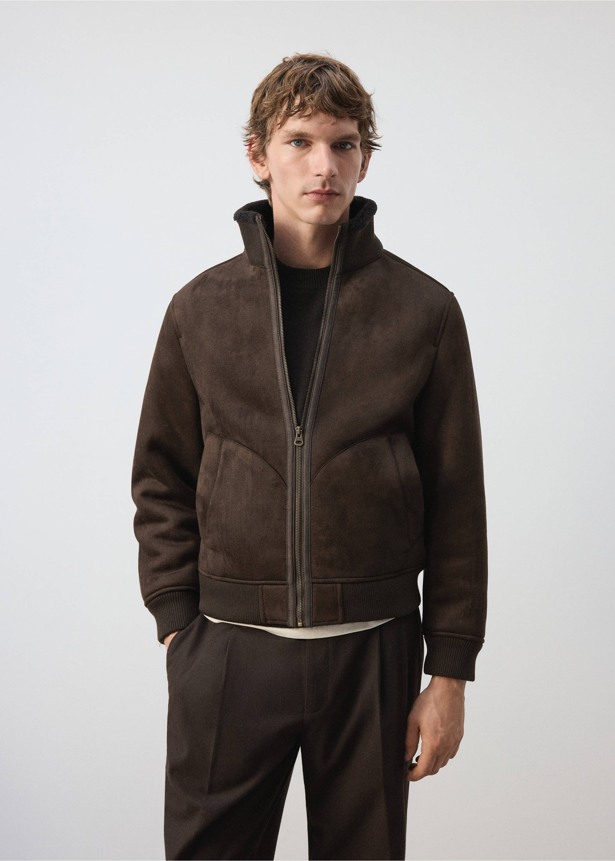 Dark brown zip-up jacket with a high funnel neck and ribbed trims., Coffee. Ref: 37027890-00.