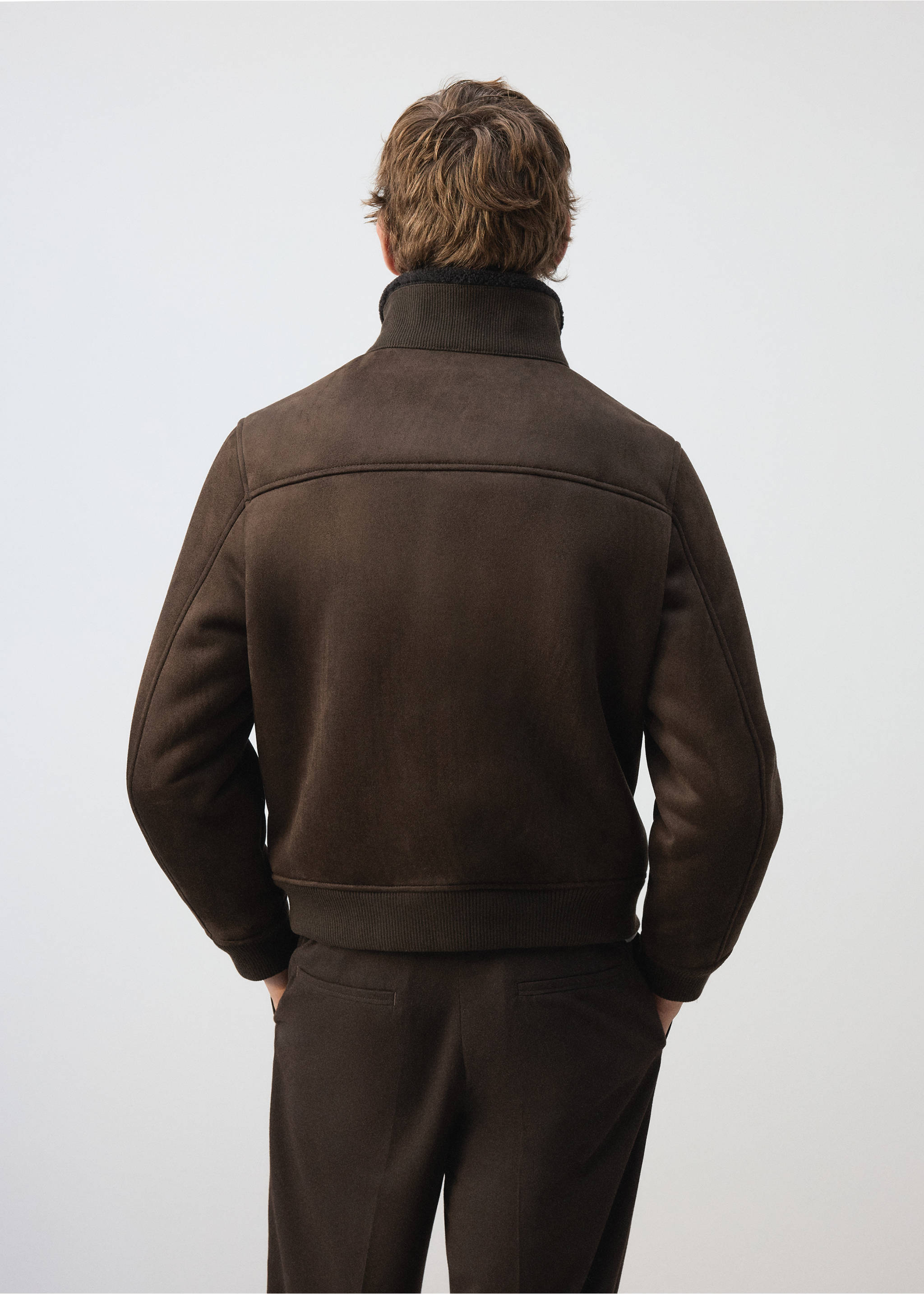 Dark brown jacket, seen from the back, featuring a high ribbed collar and ribbed hem., Coffee. Ref: 37027890-00.