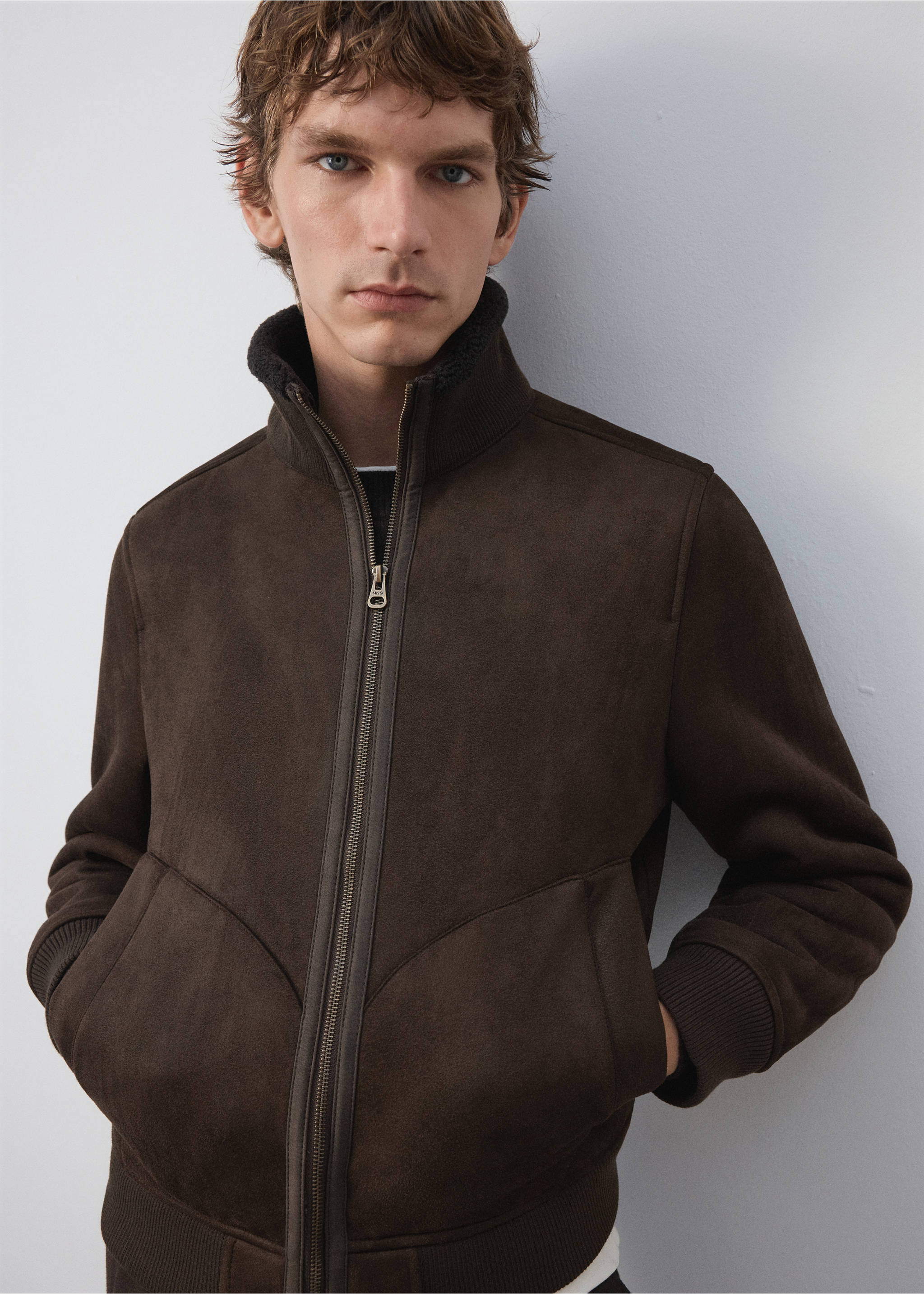 Dark brown zip-up jacket with a high collar and ribbed trim., Coffee. Ref: 37027890-00.