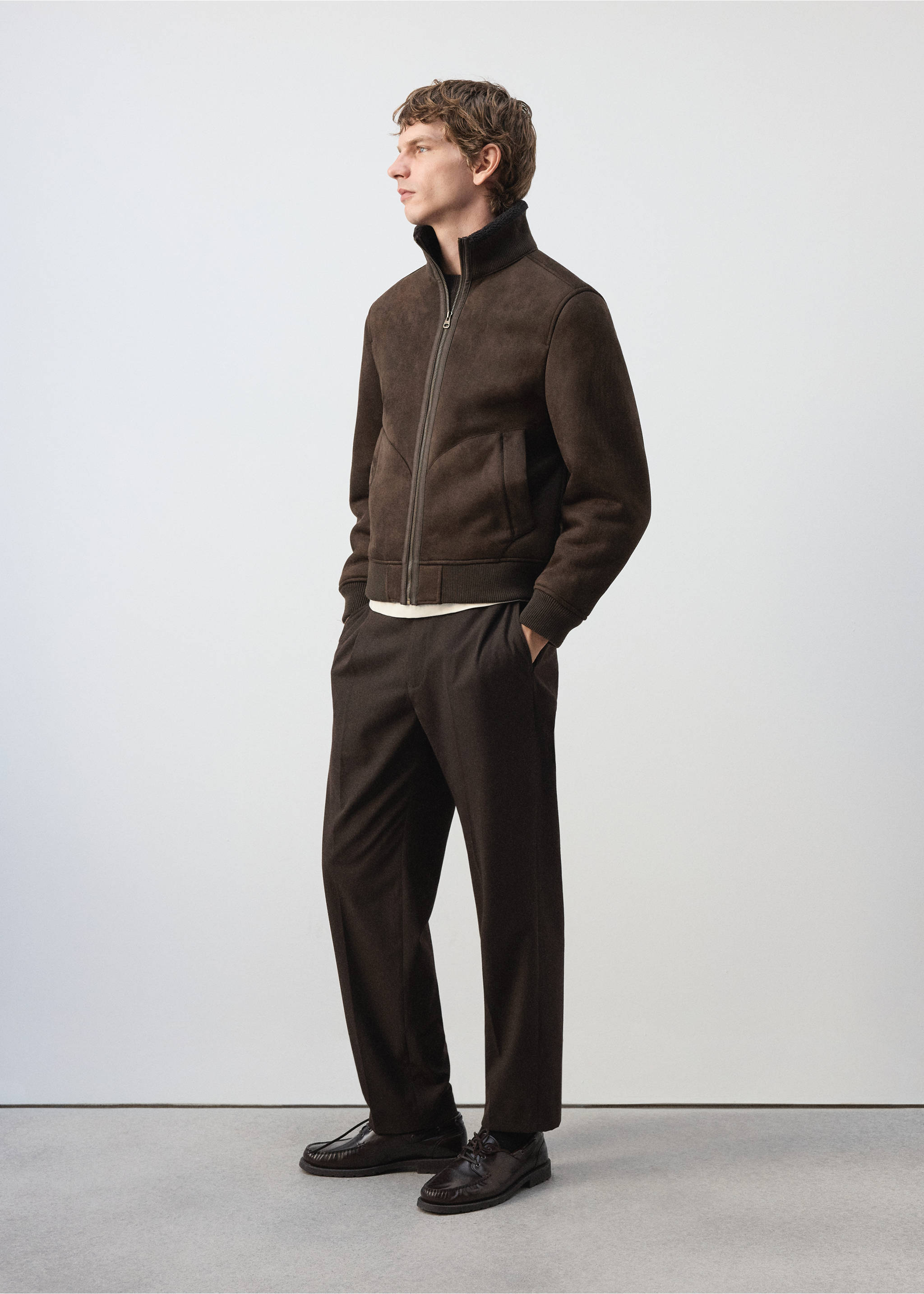 Dark brown suede-effect zip-up jacket with a high collar., Coffee. Ref: 37027890-00.