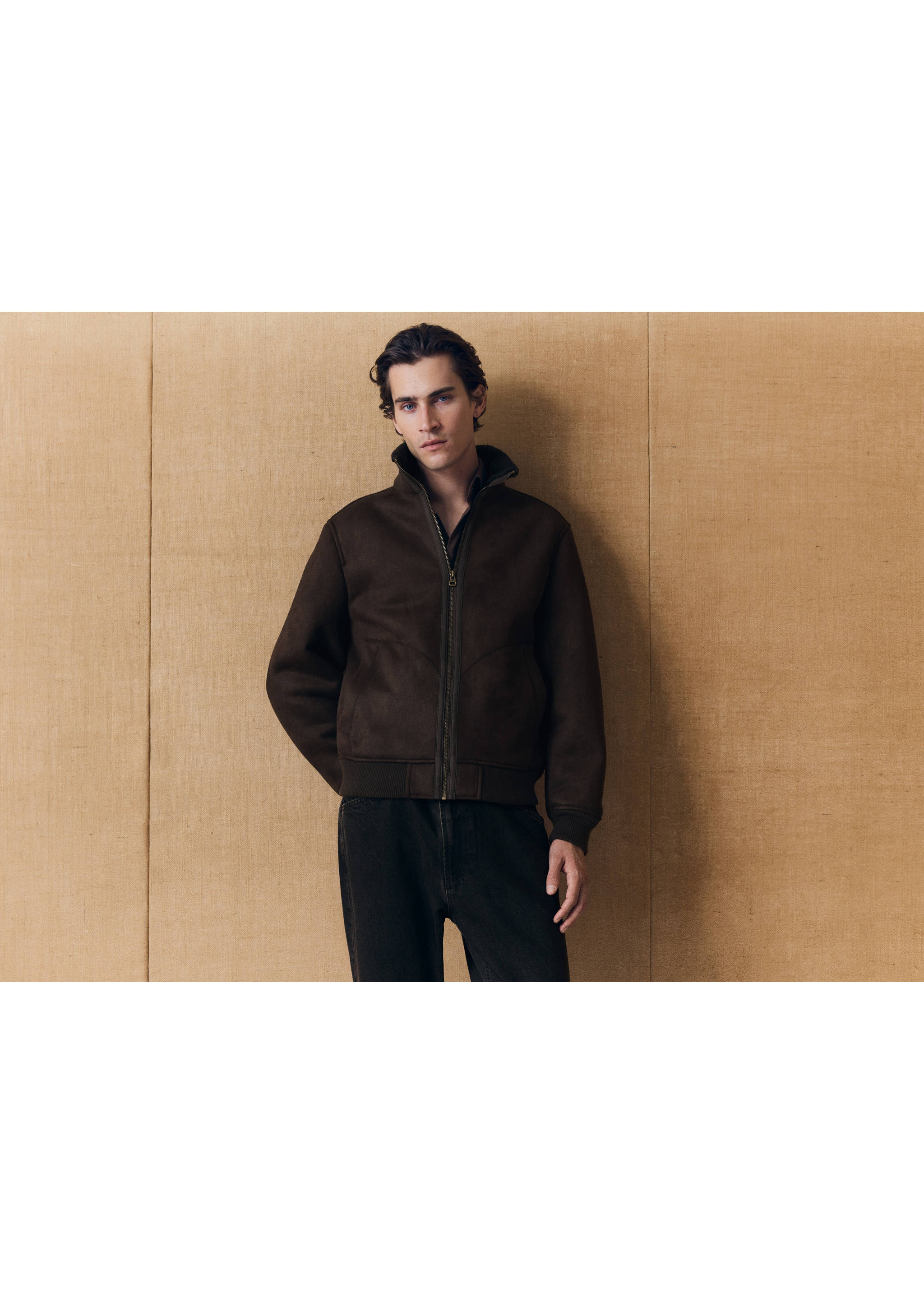 Dark brown zip-up jacket with a high collar and ribbed hem., Coffee. Ref: 37027890-00.