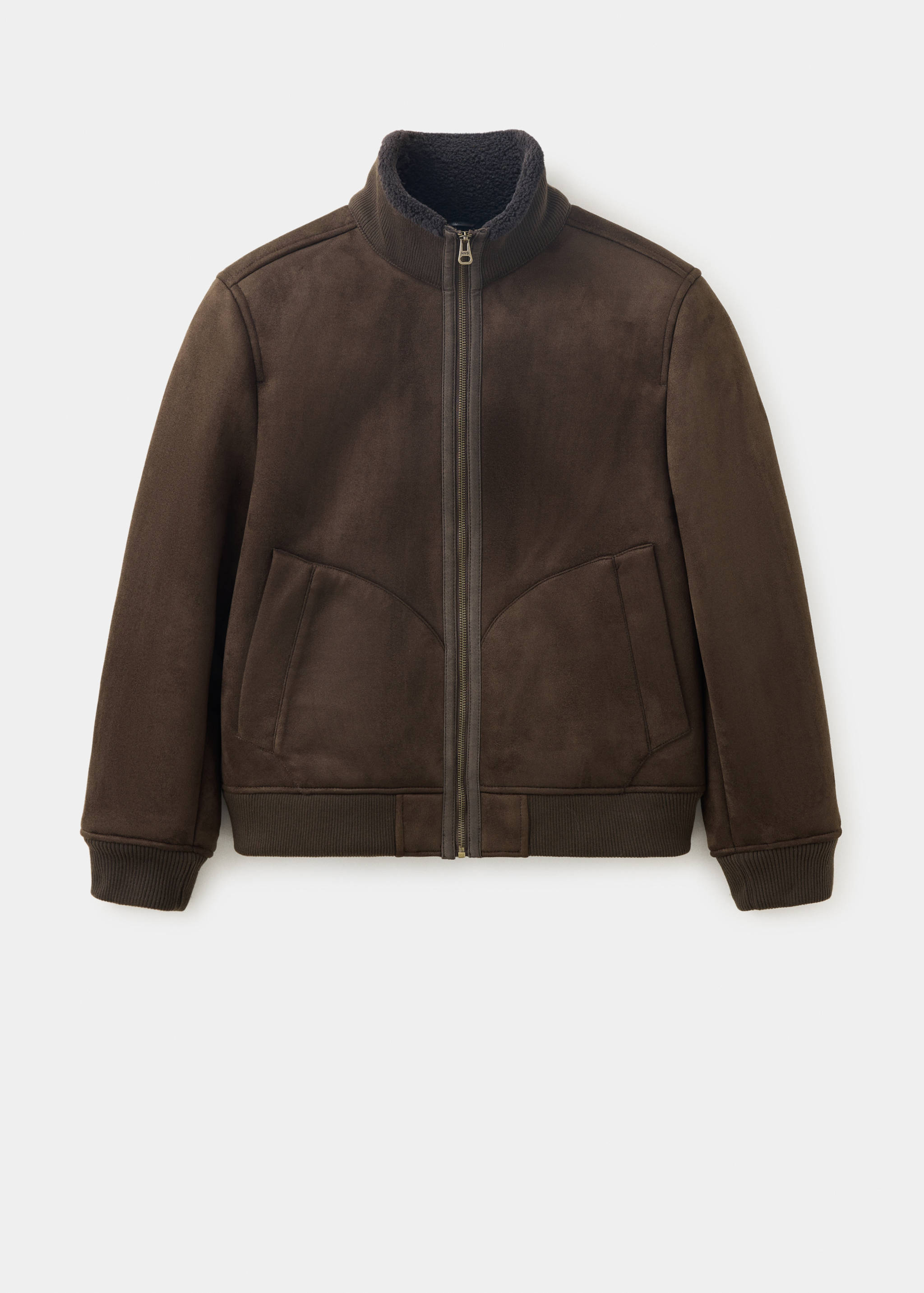 Dark brown faux-suede jacket with a high funnel neck and zip fastening.