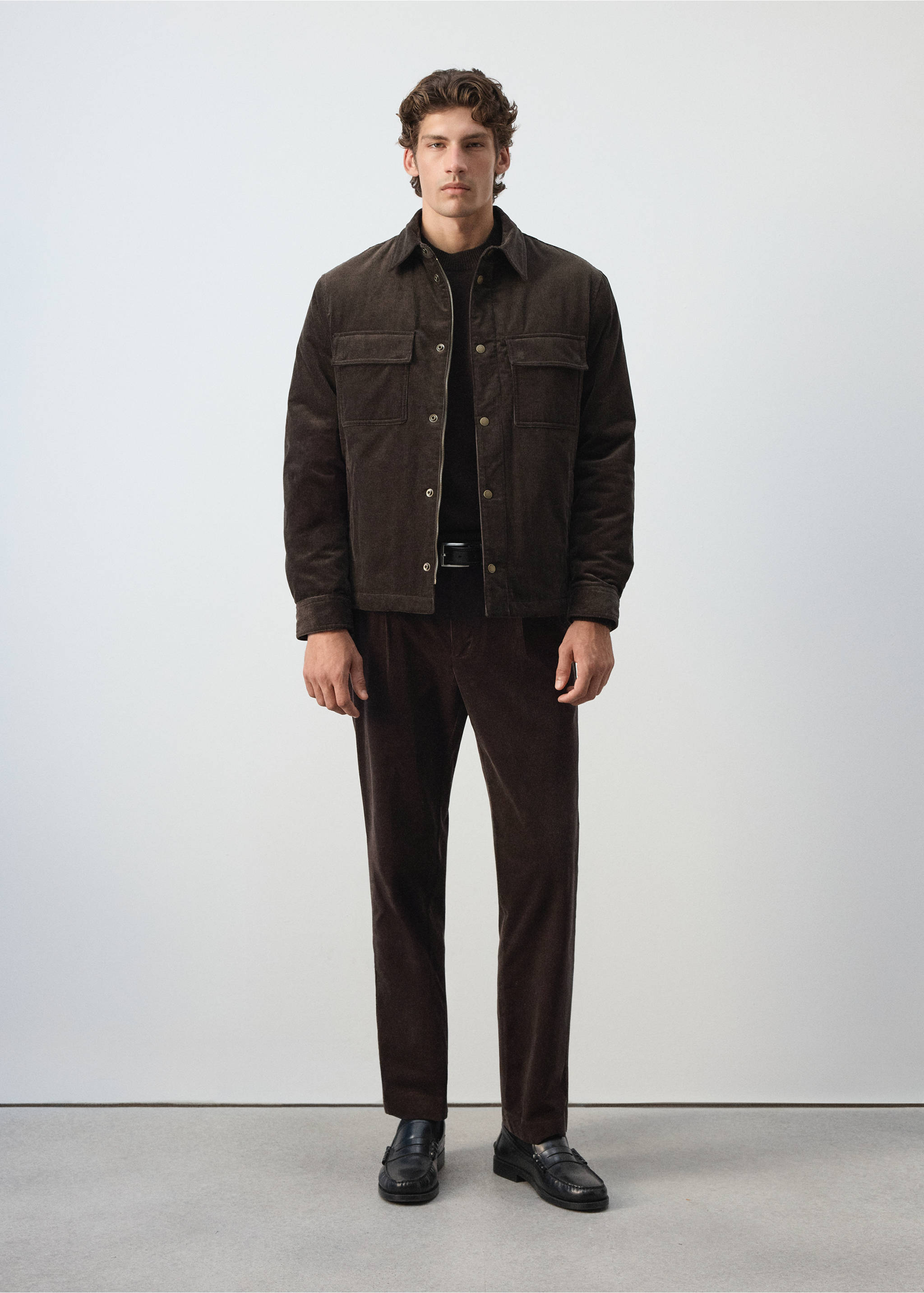 Dark brown corduroy jacket with snap buttons and chest pockets., Coffee. Ref: 37027891-00.