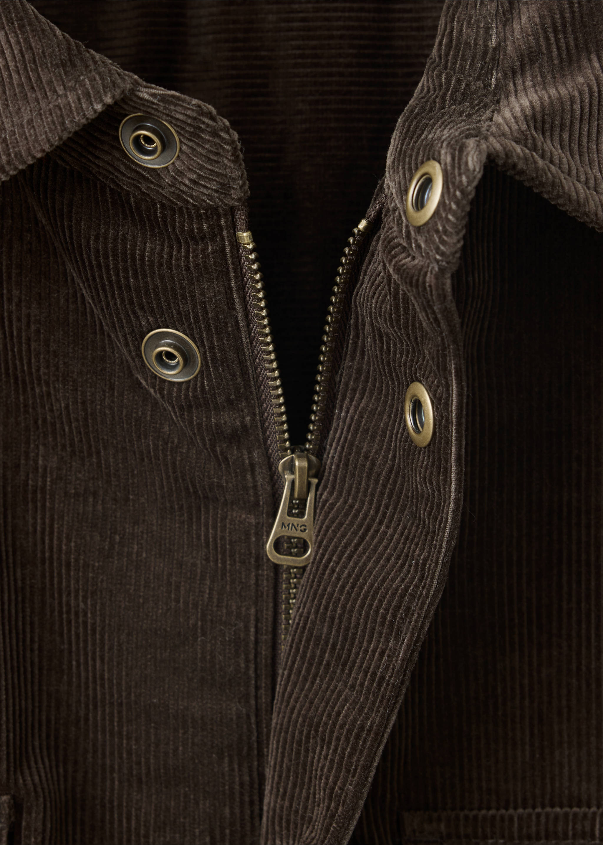 Close-up of a dark brown corduroy jacket collar and zipper., Coffee. Ref: 37027891-00.