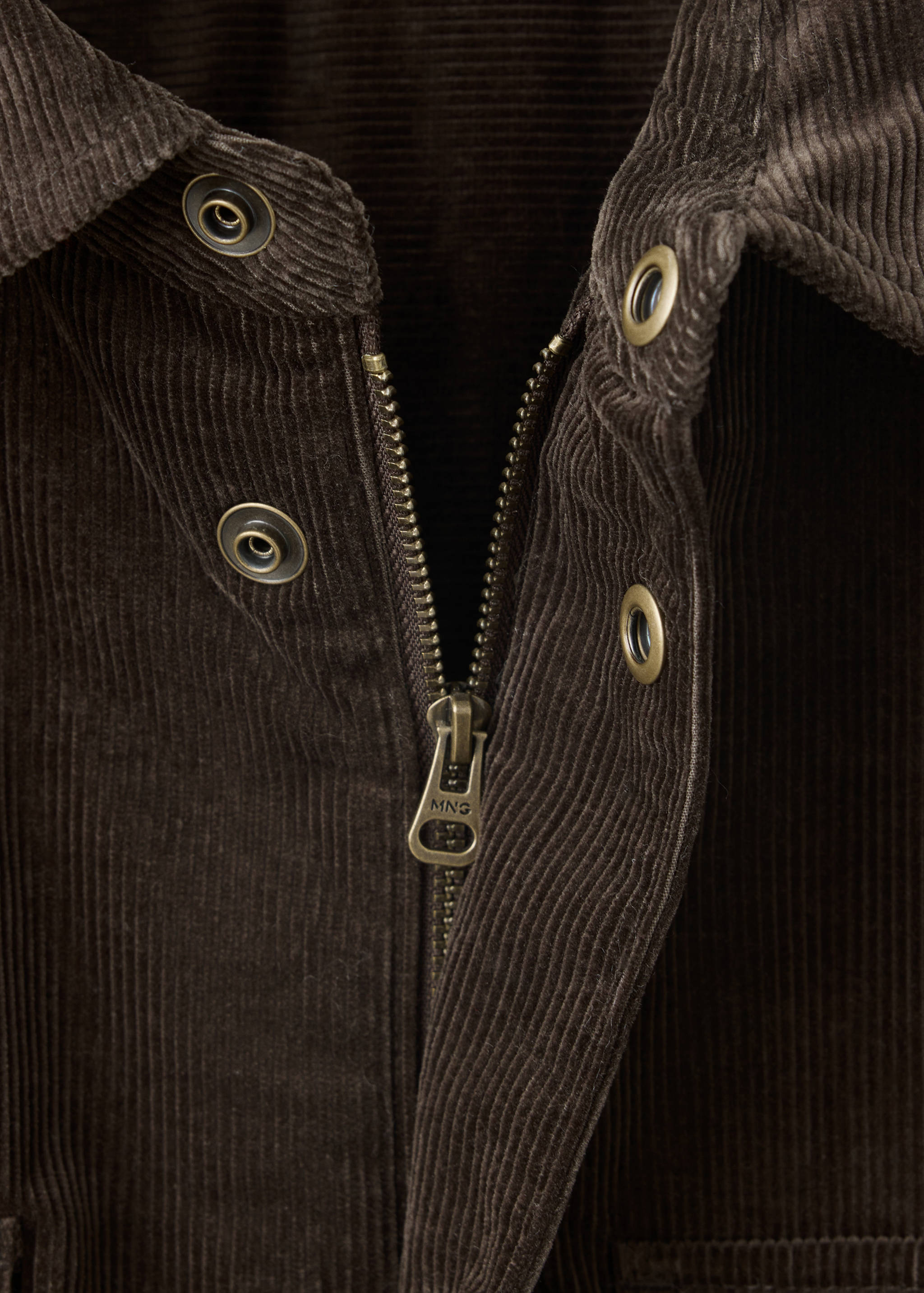 Close-up of a dark brown corduroy jacket collar and zipper.