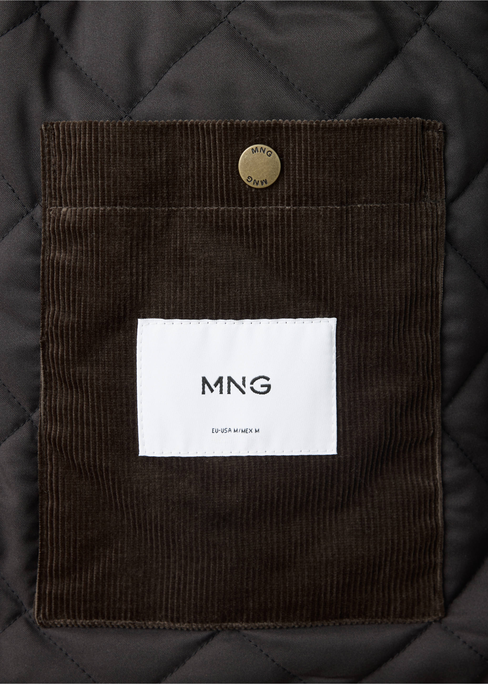 Jacket fabric detail showing a corduroy pocket with a branded snap button and interior label., Coffee. Ref: 37027891-00.