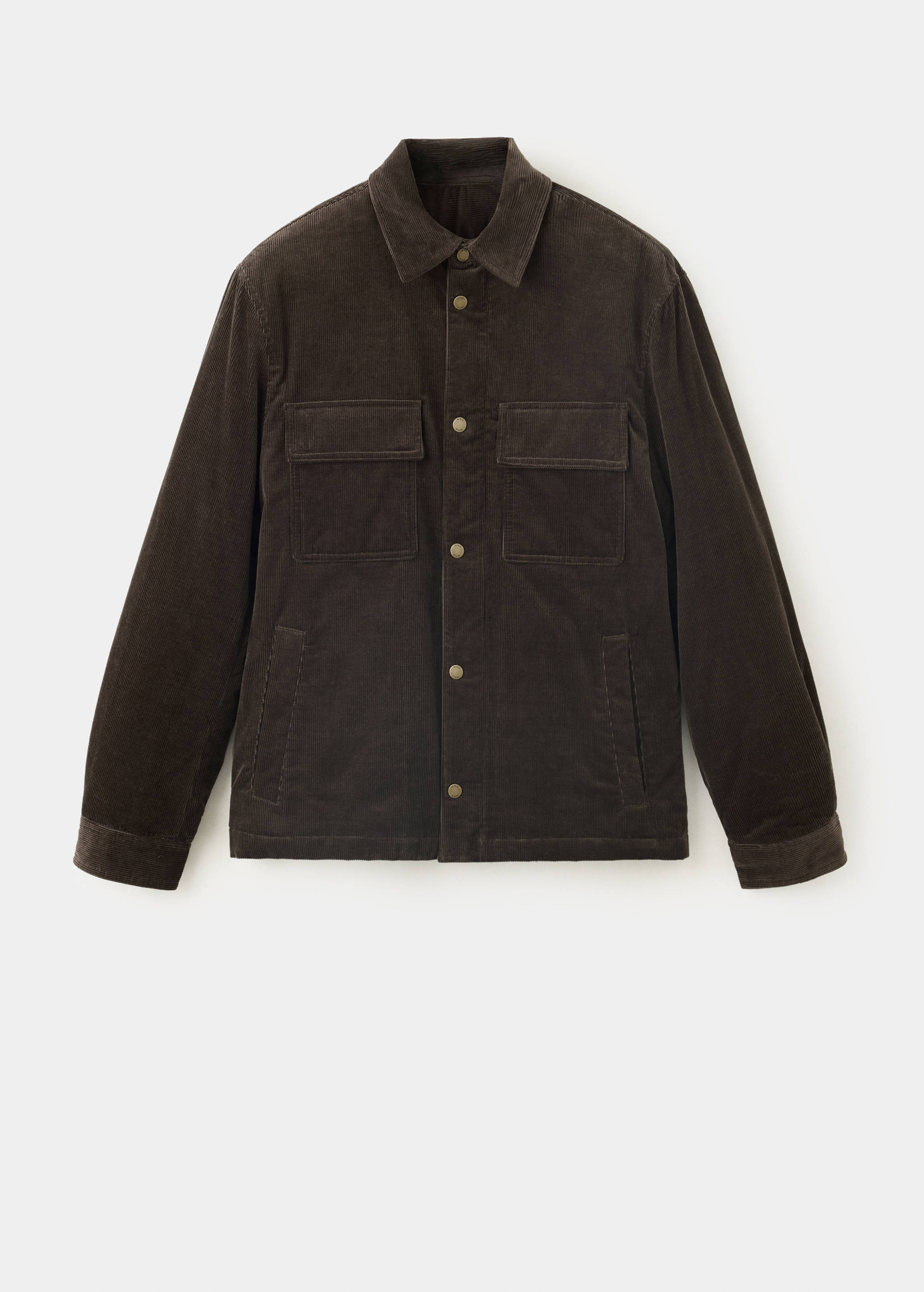Dark brown men's corduroy jacket with front flap pockets and snap buttons.
