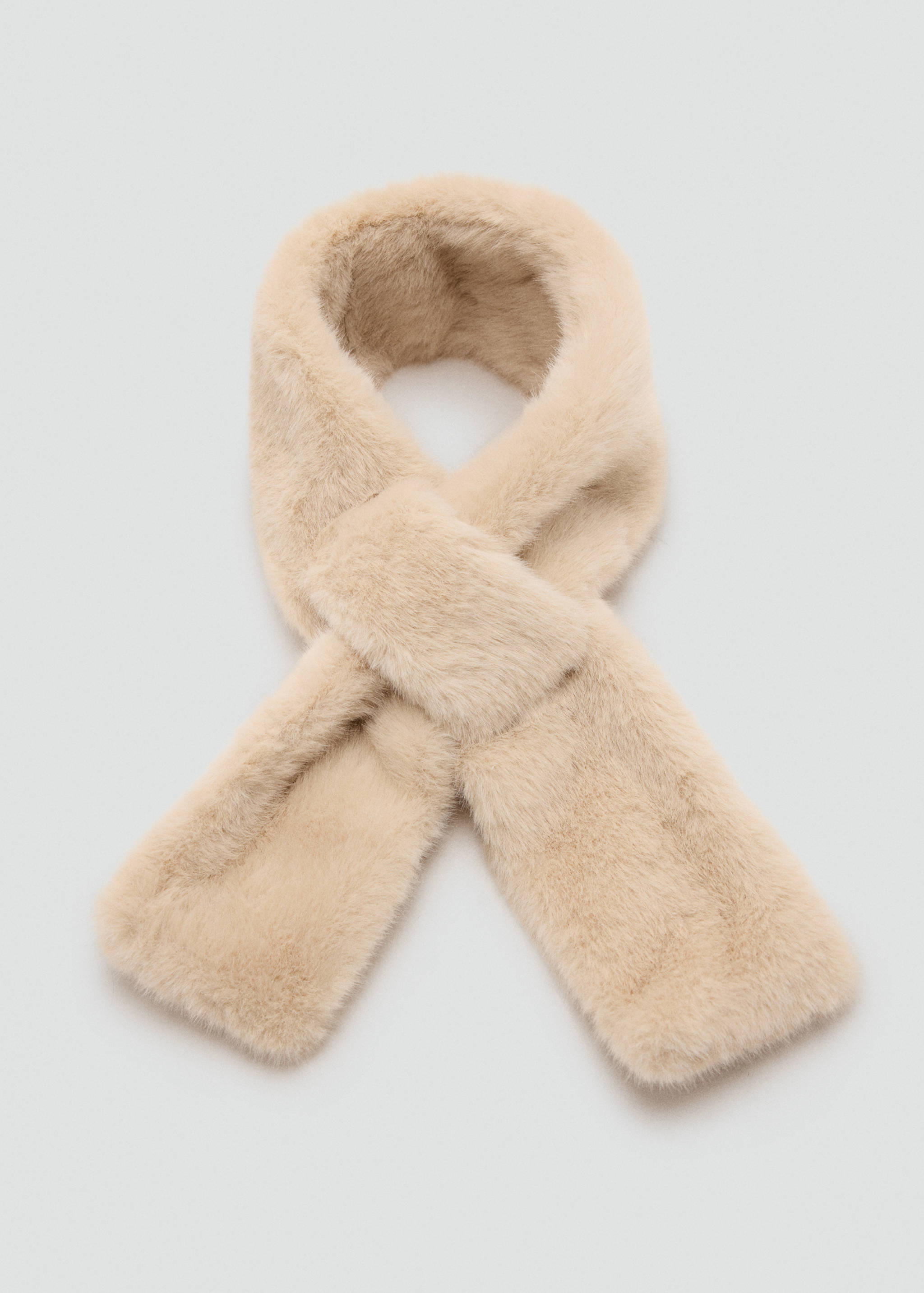 Beige faux-fur scarf in a soft, plush texture.