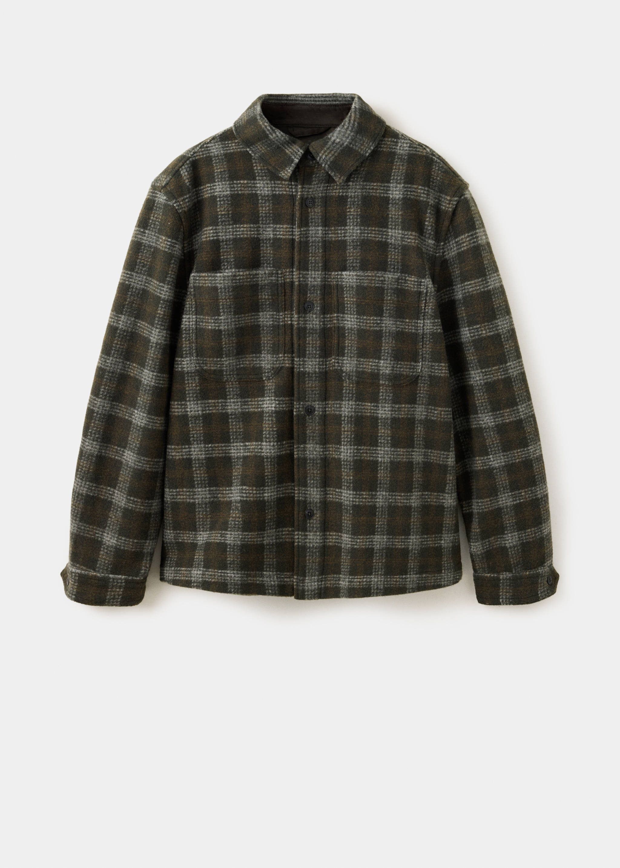 Sobrecamisa de cuadros en verde oscuro y marrón con cuello clásico y bolsillos de parche en el pecho.