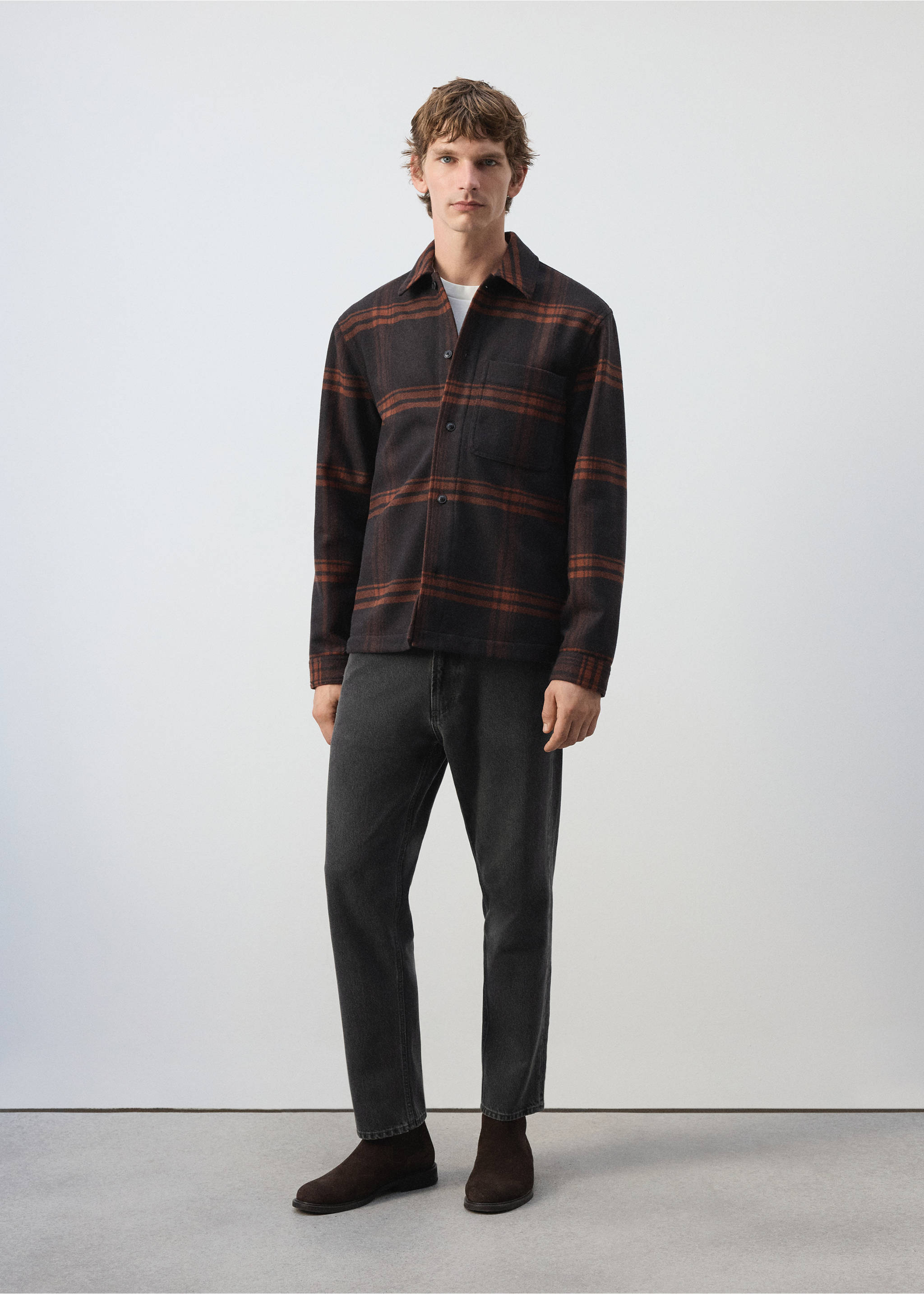Brown and rust plaid overshirt worn with dark grey trousers., Brown. Ref: 37027902-00.