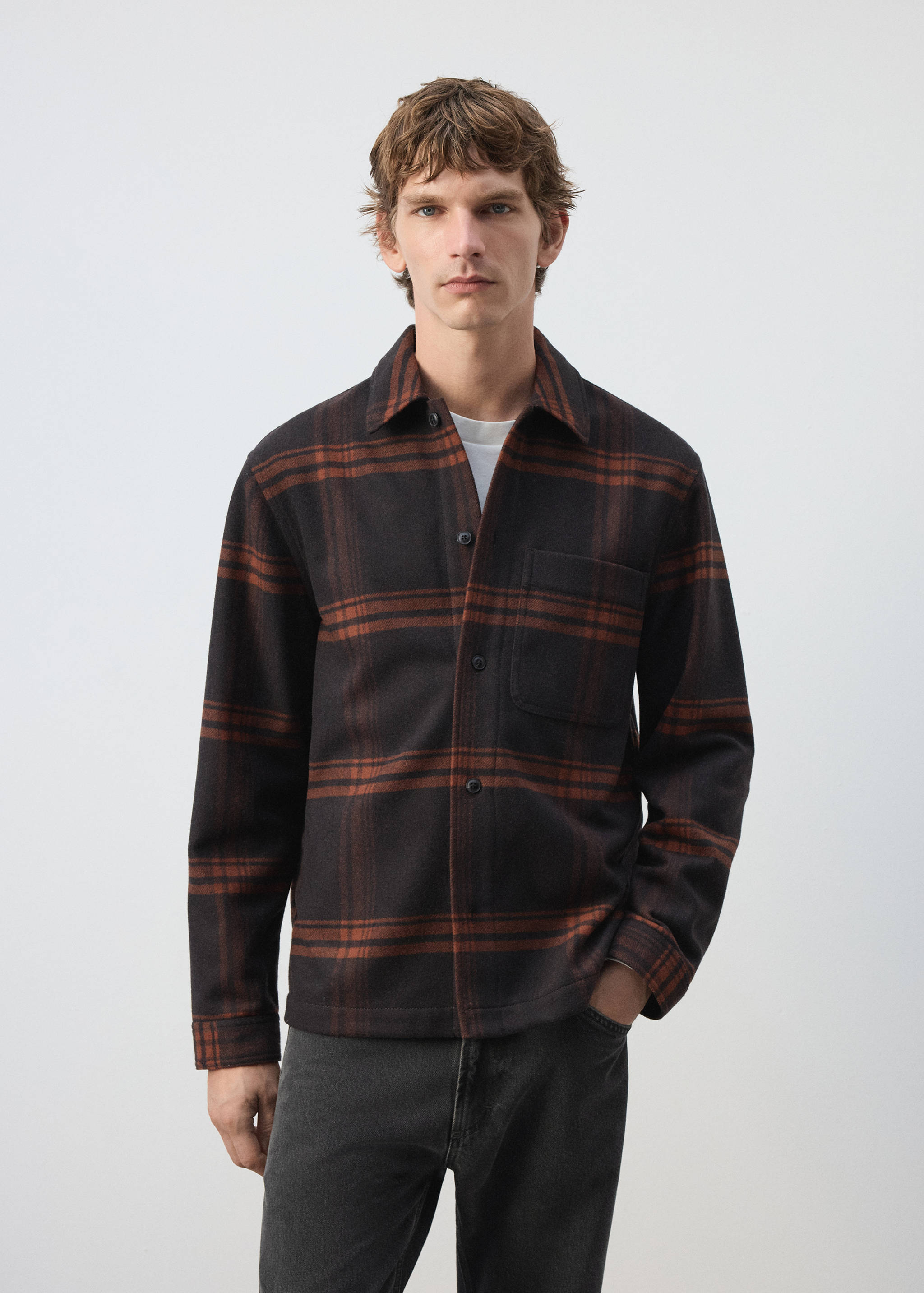 Brown and dark-toned plaid overshirt with a classic collar and chest pocket