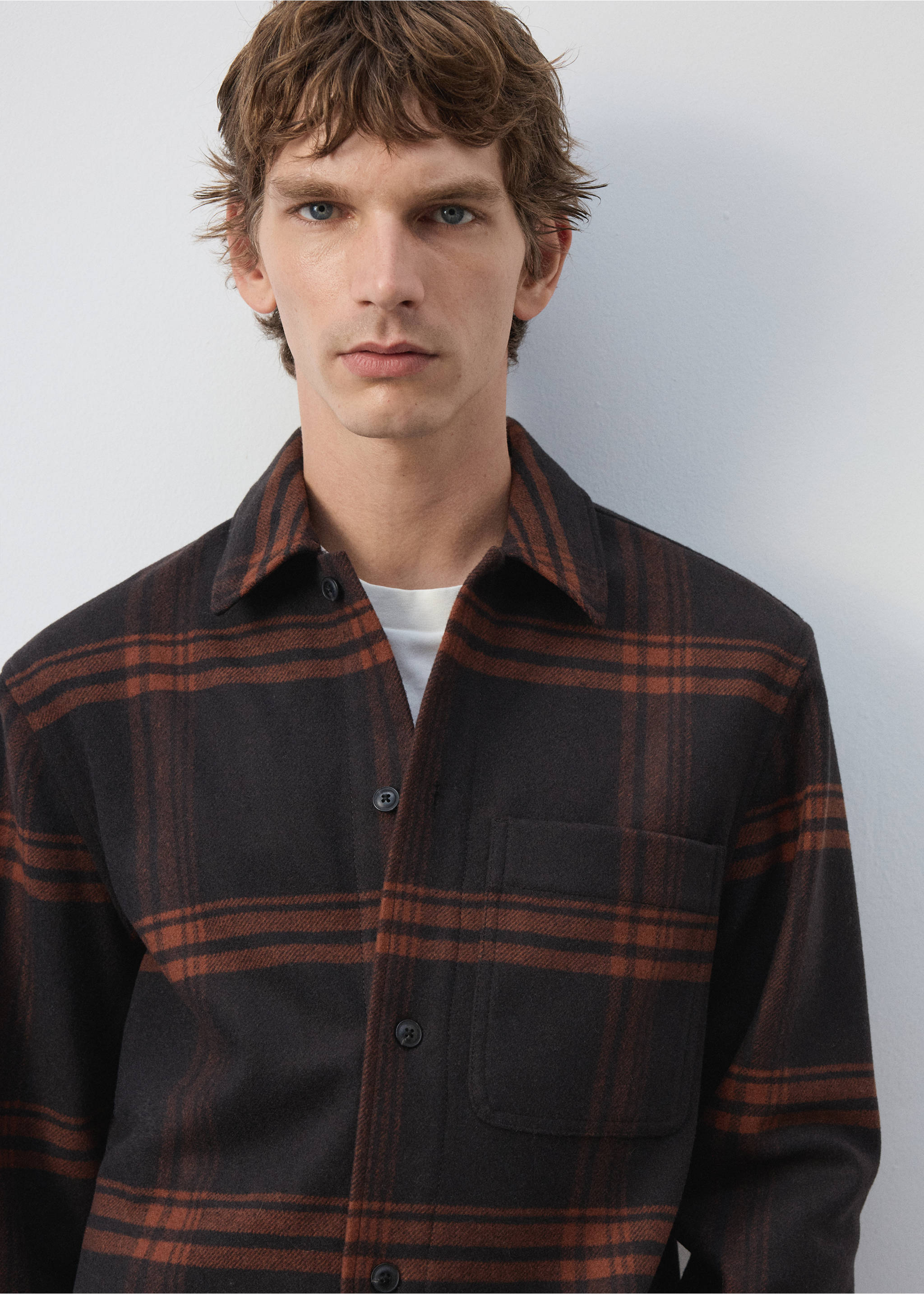 Brown and black plaid overshirt with a classic collar and chest pocket., Brown. Ref: 37027902-00.