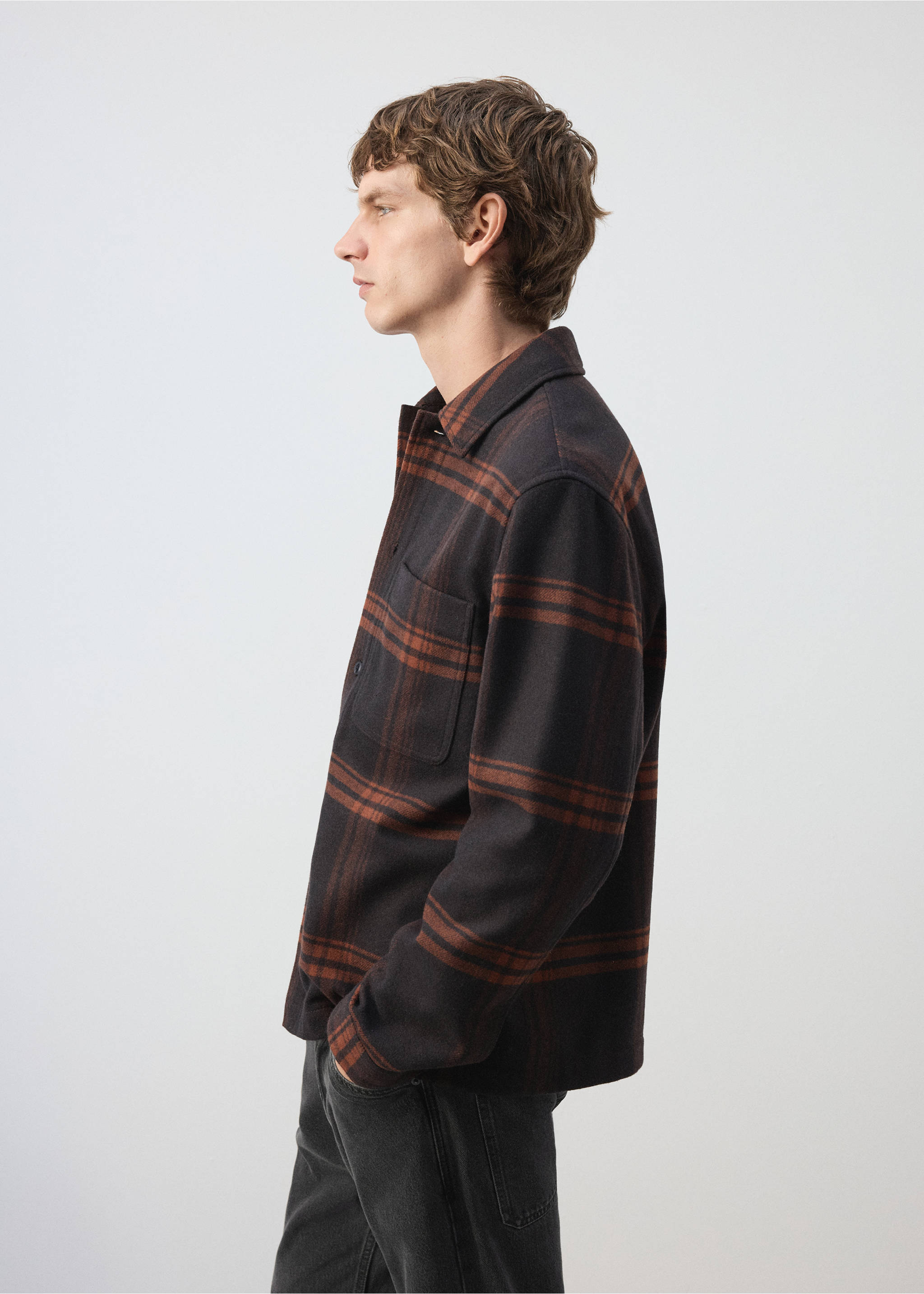 Dark brown and orange plaid overshirt with a collar and chest pocket., Brown. Ref: 37027902-00.